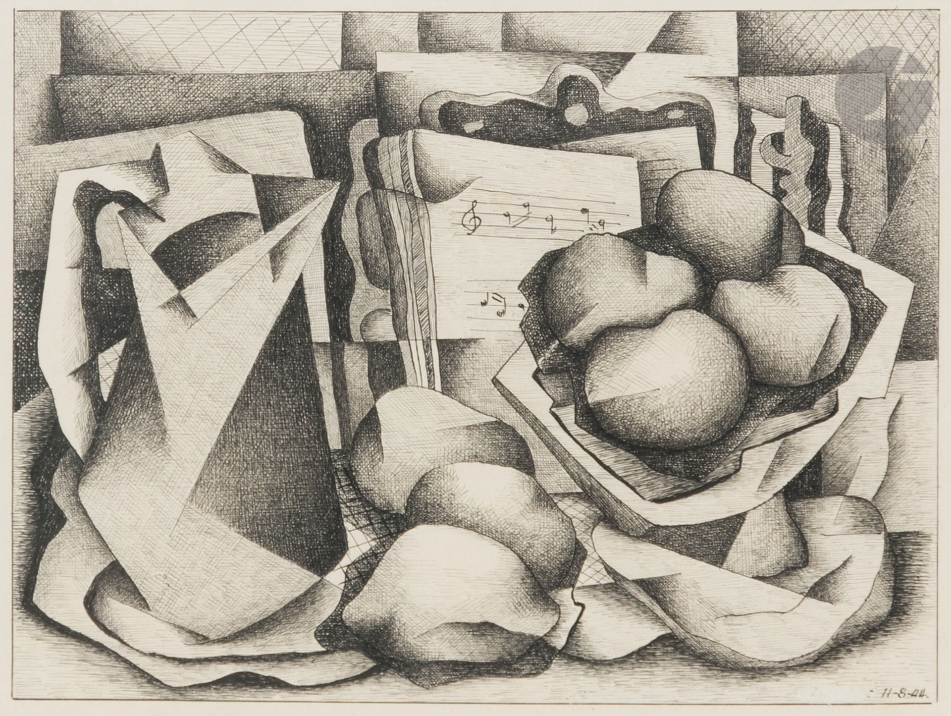 Georges BAUQUIER (1910-1997)
Nature morte cubiste, 1944
Encre sur papier.
Datée en bas à droite.
Signature effacée.
16 x 25 cm