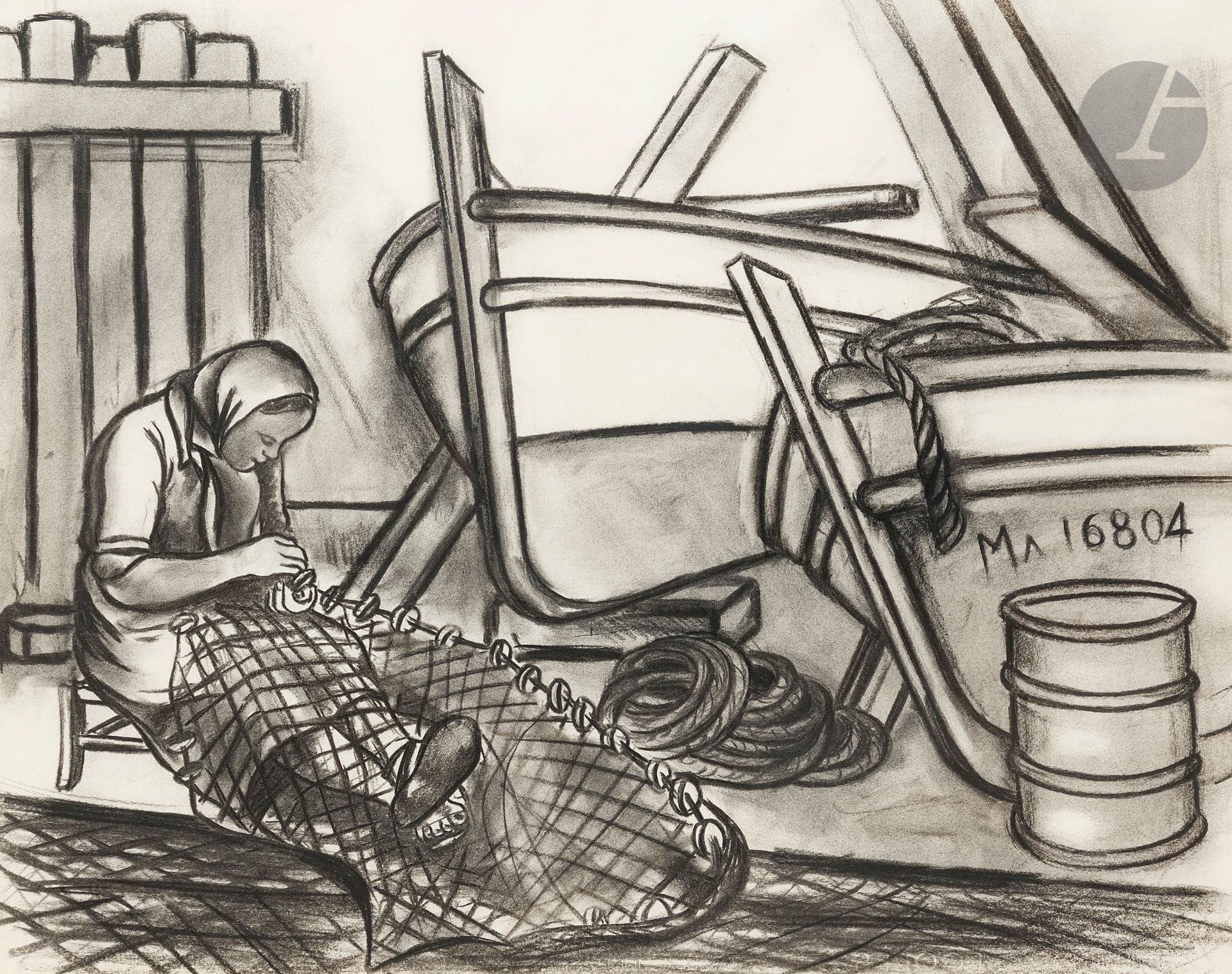 Georges BAUQUIER (1910-1997)
Woman repairing a net
Charcoal and etching on paper.
Unsigned.
49 x 62.5 cm