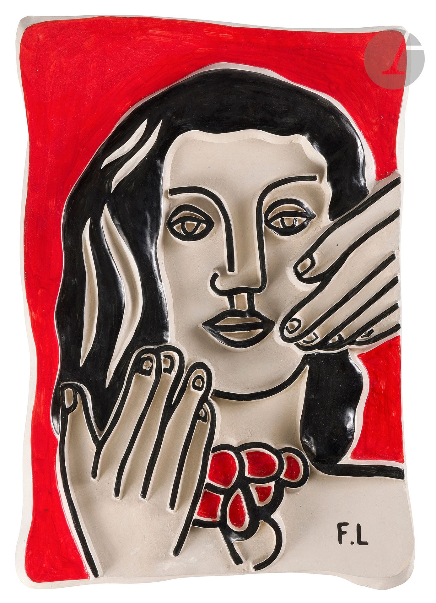 Fernand LÉGER (1881-1955) - Roland BRICE (1911-1989) CÉRAMISTE
Visage aux deux mains sur fond rouge, la maquette originale conçue vers [1954], notre épreuve numérotée 3
Bas-relief.
Céramique émaillée polychrome.
Monogrammé F. L. en bas à droite ; porte les mentions sous glaçure au dos : Édition originale de F. LÉGER N° 3 – Céramiste R. BRICE Biot-AM au dos.
48 x 33,5 cm

Provenance : 
- Collection Simone Bauquier ; Callian (château). 
- Mme X., œuvre détenue par voie de succession de la précédente.

Collection publique et œuvre en rapport : 
University of Arizona Museum of Art, Tucson, États-Unis – Une épreuve en céramique du Visage à la main sur fond rouge est conservée dans les collections de cette institution sous le numéro d’inventaire 1955.008.002.

Exposition et œuvre en rapport : 
Fernand Léger, la céramique – Biot, Musée national Fernand Léger, du 24 mars au 2 juillet 2000. Une épreuve en céramique du Visage à la main, sur fond bleu, exposée lors de cette manifestation (N° 60).

Œuvre picturale en rapport : 
Notre céramique à rapprocher de la lithographie La Grande Margot (1951), dont une épreuve est conservée au Centre National des Arts Plastiques (CNAP) / Fonds National d’Art Contemporain (FNAC) sous le numéro d’inventaire FNAC 30074.

Bibliographie : 
Fernand Léger, la céramique – Catalogue publié à l’occasion de l’exposition organisée au Musée national Fernand Léger, Biot (24 mars – 2 juillet 2000), Éditions de la Réunion des musées nationaux, Paris, 2000. Une épreuve en céramique du Visage à la main, sur fond bleu, référencée sous le numéro 60 du catalogue, reproduite p. 61 et décrite p. 60.