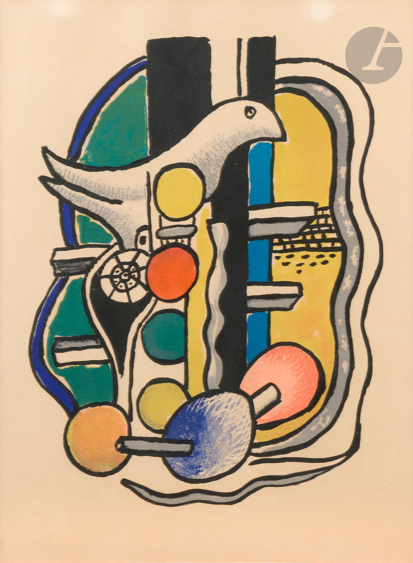 Fernand LÉGER (1881-1955)
The Dove. 1951. Lithograph. Sight: 49 x 39.5 cm. Saphire 115. Color print. Fine proof on vellum, neither signed nor numbered, sun-stained (with small white spots). Margins. Edition of 75 proofs. Galerie Louise Leiris éd. frame (not examined outside the frame).