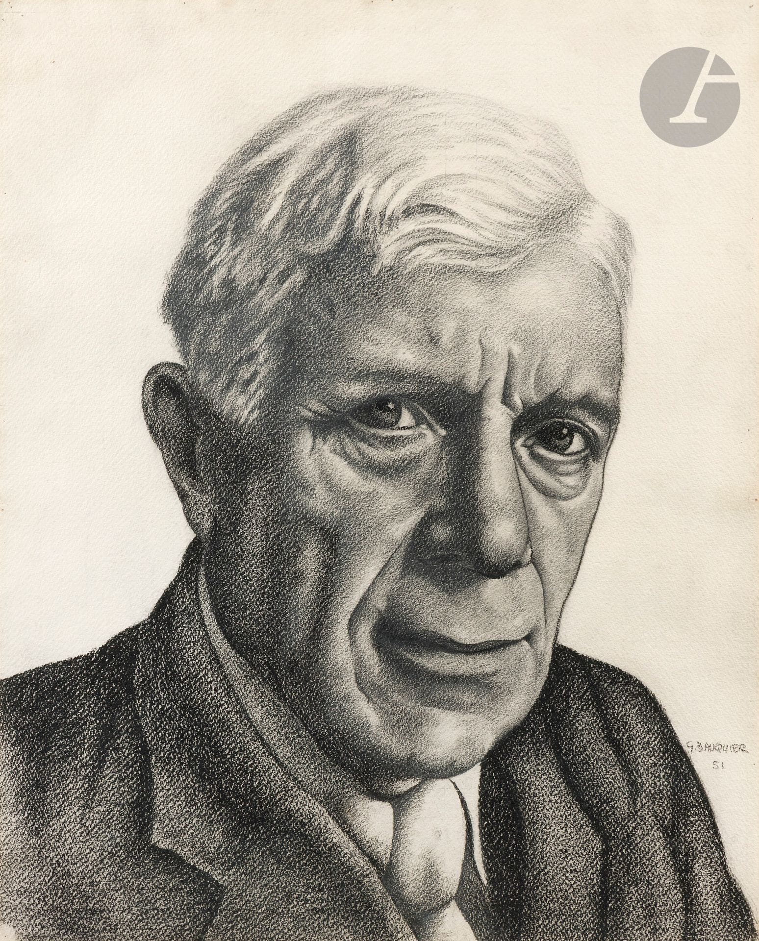 Georges BAUQUIER (1910-1997)
Portrait de Georges Braque, 1951
Fusain sur papier.
Signé et daté en bas à droite.
64 x 50 cm