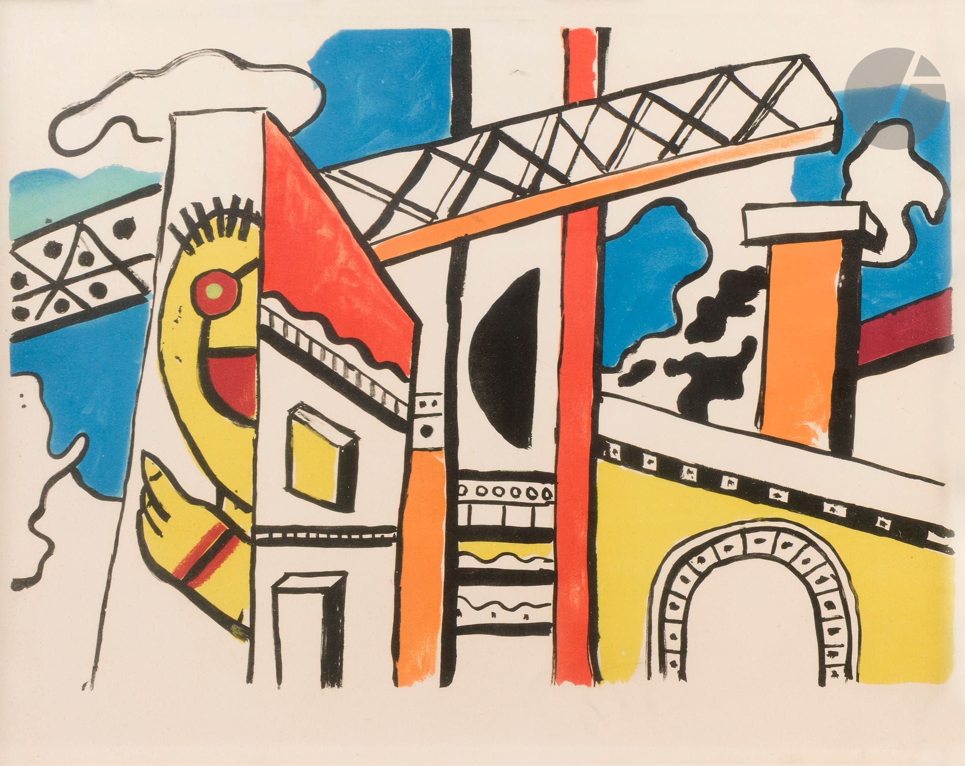 Fernand LÉGER (1881-1955) (d’après)
Le Viaduc. (Pl. 19 pour l’album La Ville, Tériade éd., 1959). Lithographie. À vue : 48 x 63 cm. Saphire p. 238-239. Impression en couleurs. Belle épreuve d’essai sur vélin, avant effaçage des croix de pointure, légèrement oxydée. Toutes marges. Cadre (non examinée hors du cadre).