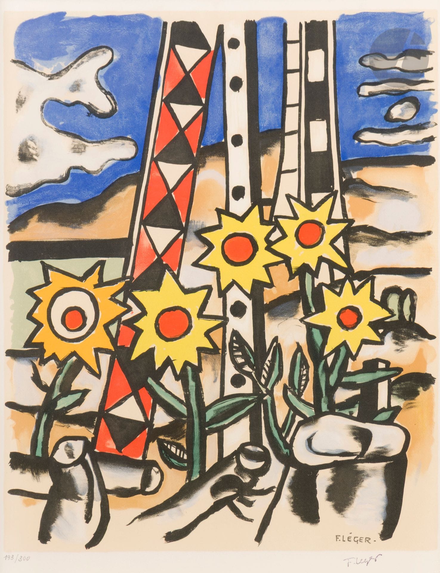 Fernand LÉGER (1881-1955) (after)
The Five Sunflowers. 1980. Lithograph. Sight: 67 x 52.5 cm. Printed in color. Very fine proof on white vellum, numbered in pencil and bearing the printed signature. All margins. Edition of 300 proofs. Dry stamp : Musée Fernand Léger, Biot. Margins. Frame (not examined outside the frame).