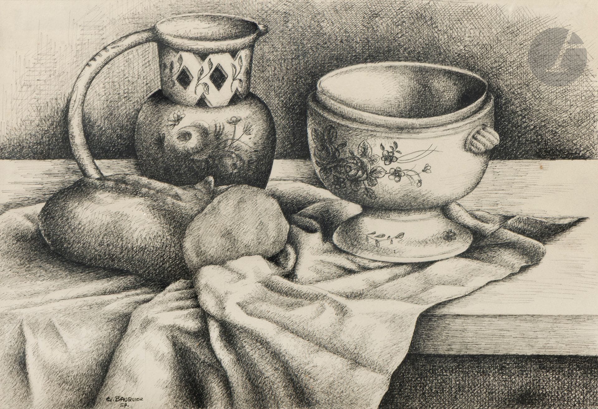 Georges BAUQUIER (1910-1997)
Still life with bread, 1957
Ink on paper.
Signed and dated lower left.
32 x 47 cm