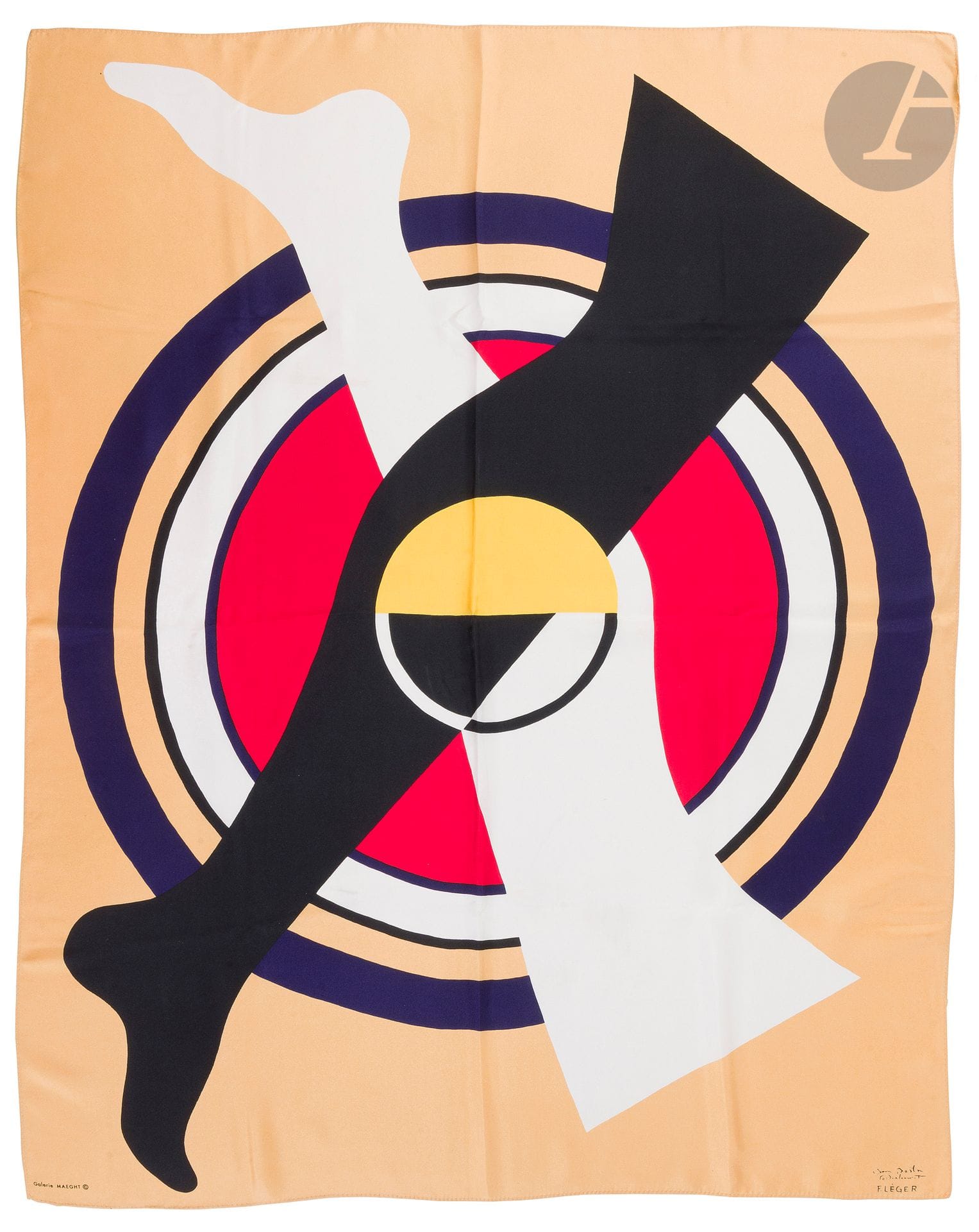 Fernand LÉGER (1881-1955) (d’après) & GALERIE MAEGHT ÉDITEUR
D’après Hommage à la danse, [1925], pour Jean Börlin, danseur et chorégraphe (Ballets suédois)
Foulard en soie imprimée.
Édition moderne de la Galerie Maeght.
Marqué F. LÉGER – À Jean BÖRLIN Cordialement dans l’impression et Galerie MAEGHT © également dans l’impression.
111 x 89 cm

Provenance : 
- Collection Simone Bauquier ; Callian (château). 
- Mme X., œuvre détenue par voie de succession de la précédente.

À noter : 
La peinture Hommage à la danse (1925) fut dédicacée par Fernand Léger à Jean Börlin, danseur principal et chorégraphe des Ballets suédois, avec lequel la collaboration artistique fut fructueuse.  

Œuvre picturale en rapport : 
Le motif de notre foulard à rapprocher de l’huile sur toile Hommage à la danse (1925), référencée sous le N° 468 du Catalogue raisonné de l’œuvre peint (III) de Fernand Léger.