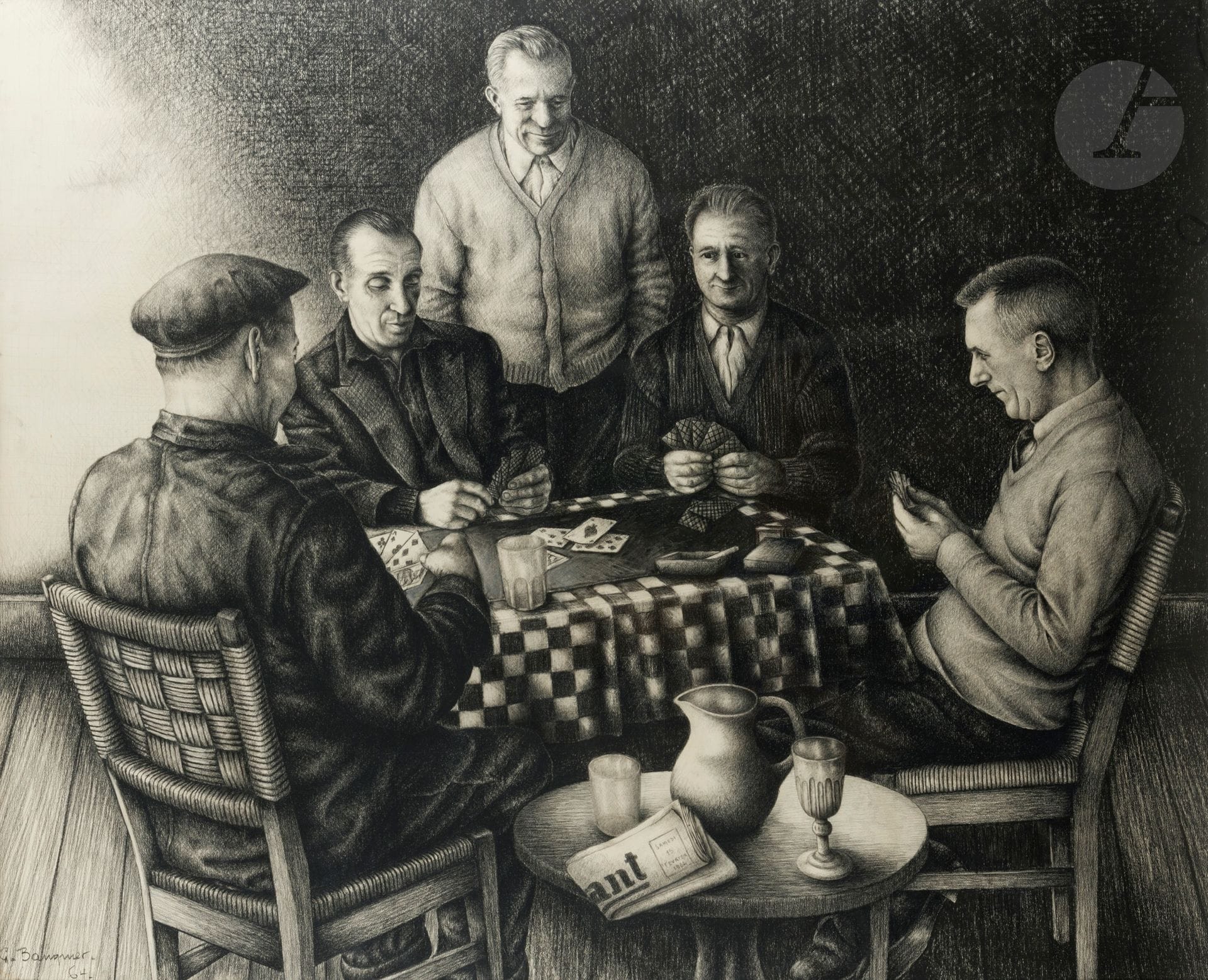 Georges BAUQUIER (1910-1997)
The Card Game, 1964
Charcoal and stump on paper.
Signed and dated lower left.
117 x 144 cm