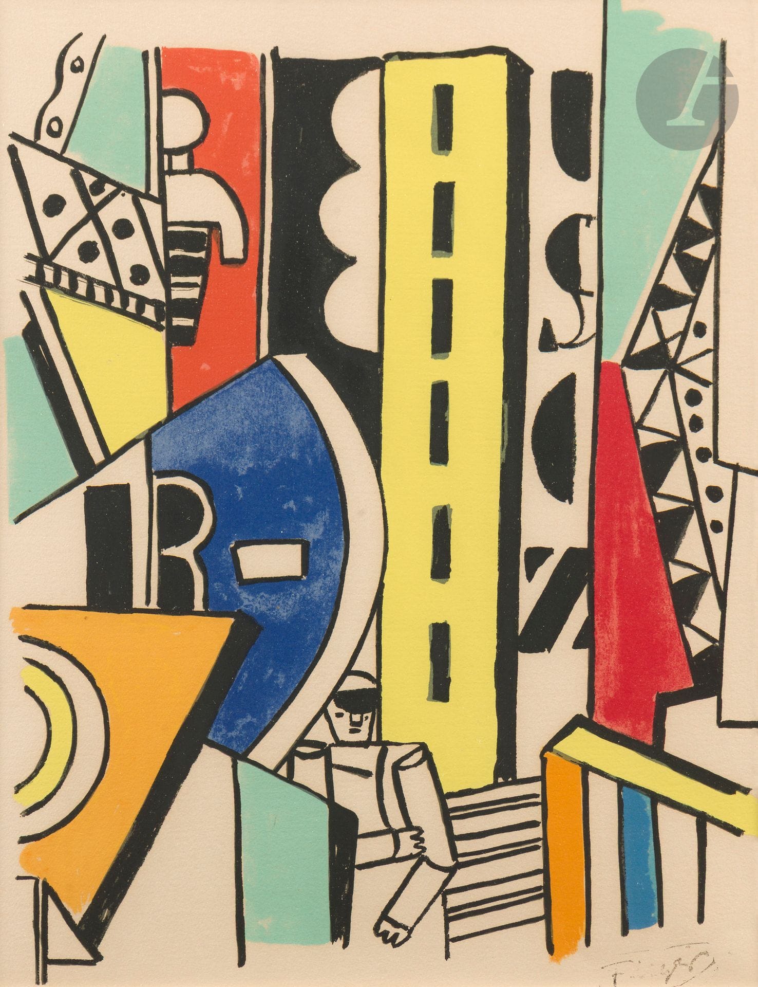 Fernand LÉGER (1881-1955) (d’après)
L’Homme dans la ville. (Pl. 4 pour l’album La Ville, Tériade éd., 1959). Lithographie. À vue : 40,5 x 31,5 cm. Saphire p. 238-239. Impression en couleurs. Belle épreuve sur vélin blanc, revêtue du timbre de la signature. Marges. Cadre (non examinée hors du cadre).