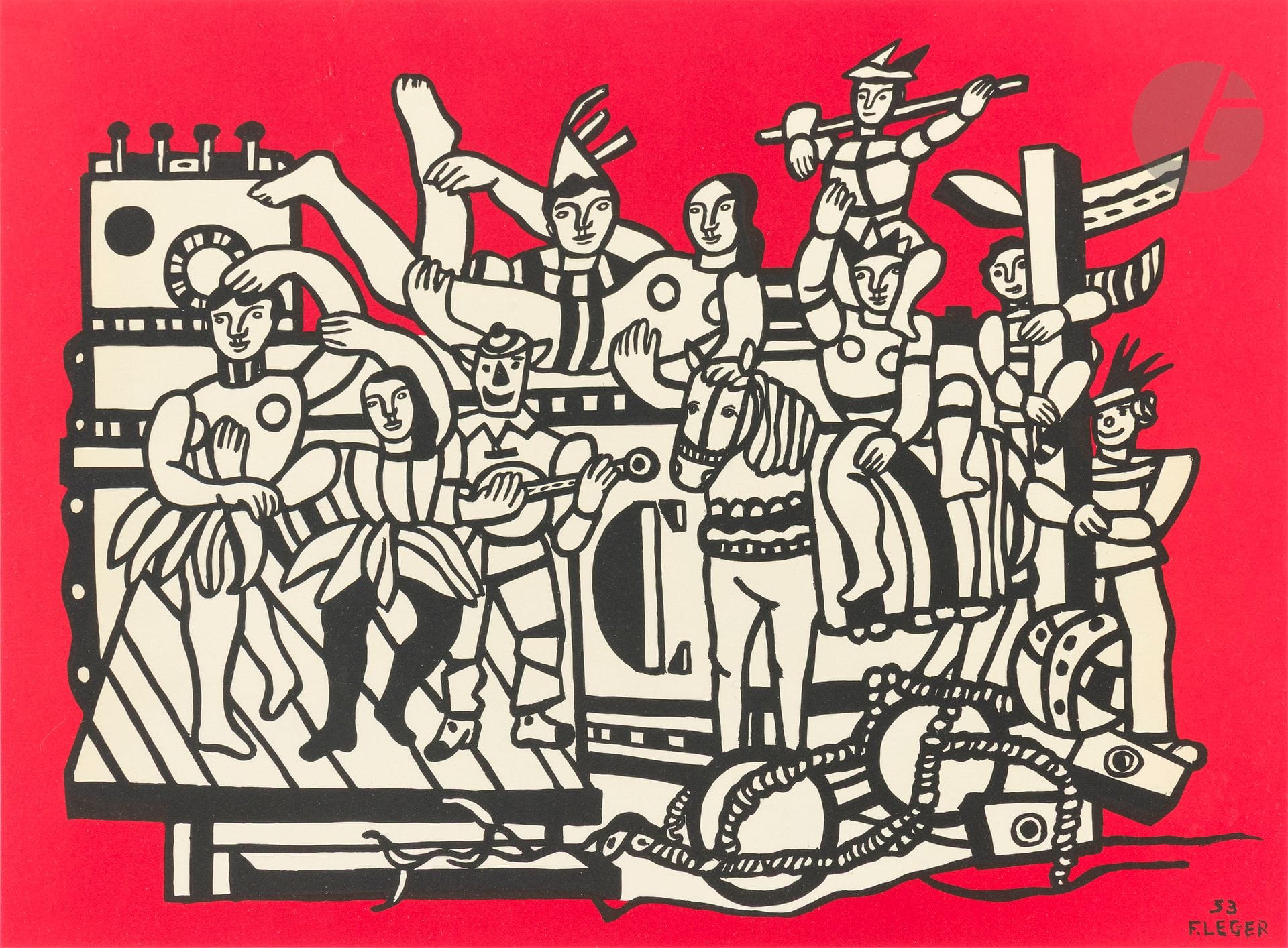 Fernand LÉGER (1881-1955) (d’après)
La Grande parade sur fond rouge. Vers 1980. Lithographie d’après le tableau de 1953. À vue : 58,5 x 74 cm. Impression en couleurs. Très belle épreuve sur vélin blanc. Toutes marges. Cadre (non examinée hors du cadre). 

Le tableau original est conservé au Musée Fernand Léger de Biot et fait partie de la donation effectuée par Nadia Léger et Georges Bauquier.