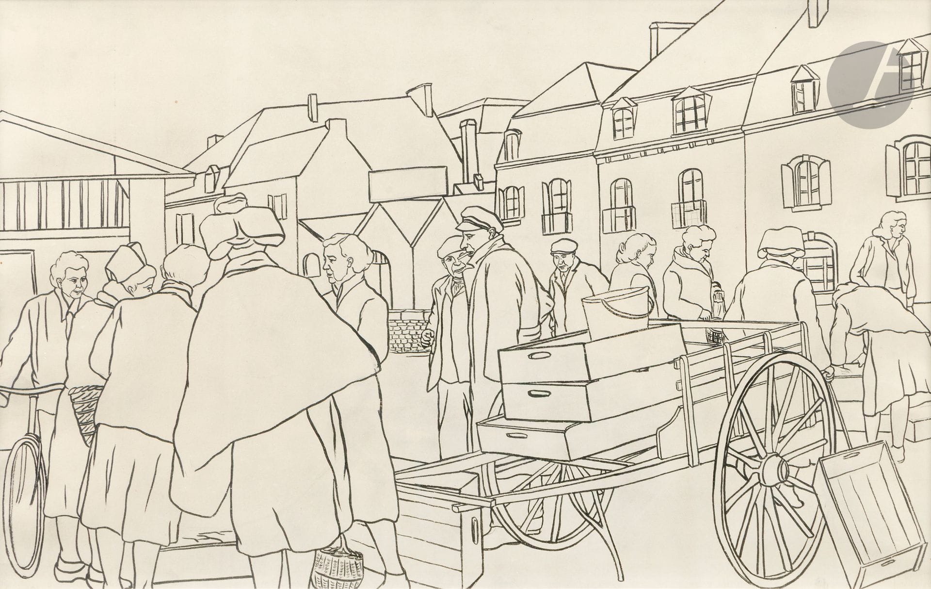 Georges BAUQUIER (1910-1997)
Le Marché breton, 1953
Encre sur papier.
Non signée.
38 x 61 cm