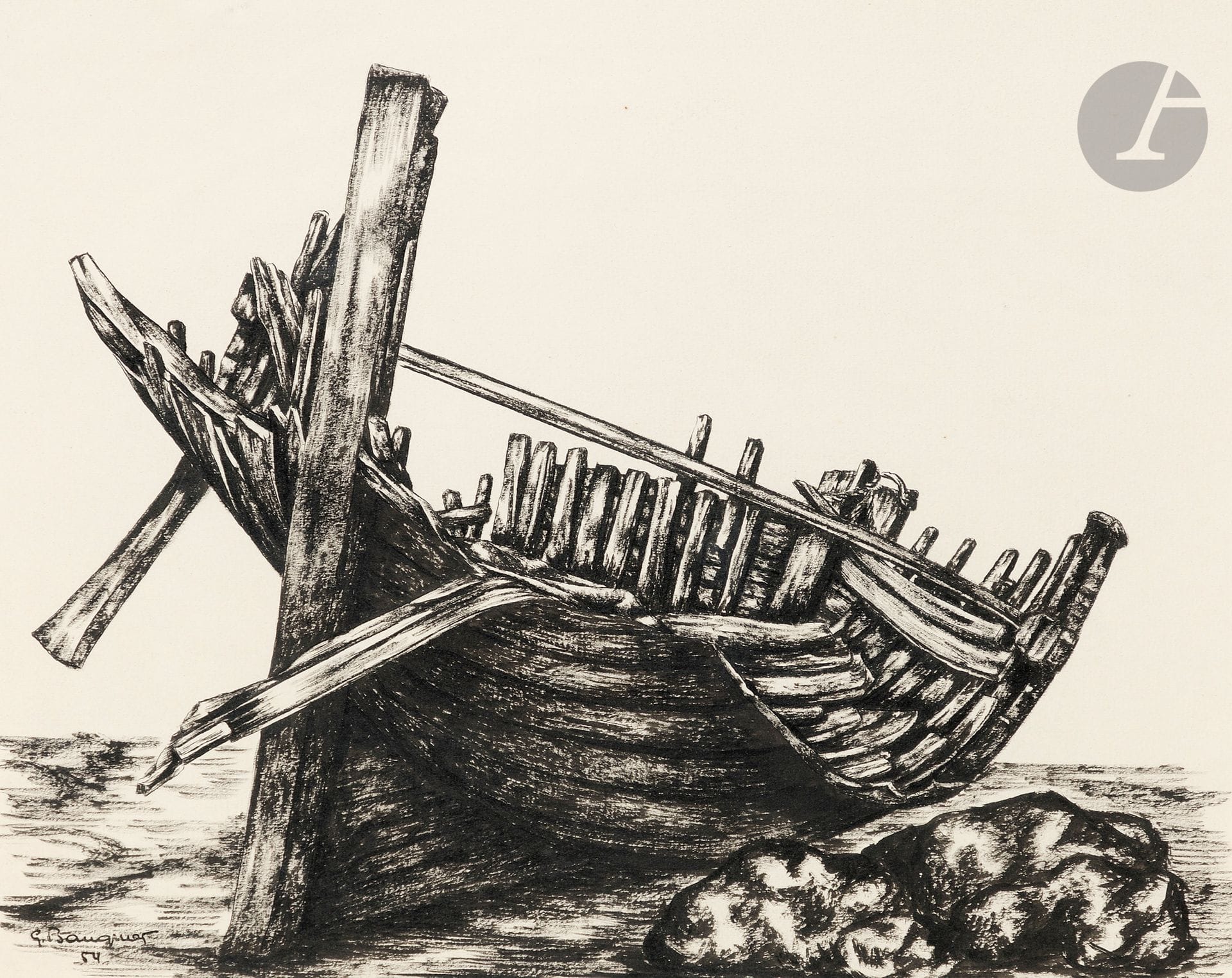 Georges BAUQUIER (1910-1997)
L’Épave, 1954
Encre sur papier.
Signée et datée en bas à gauche.
33 x 40 cm