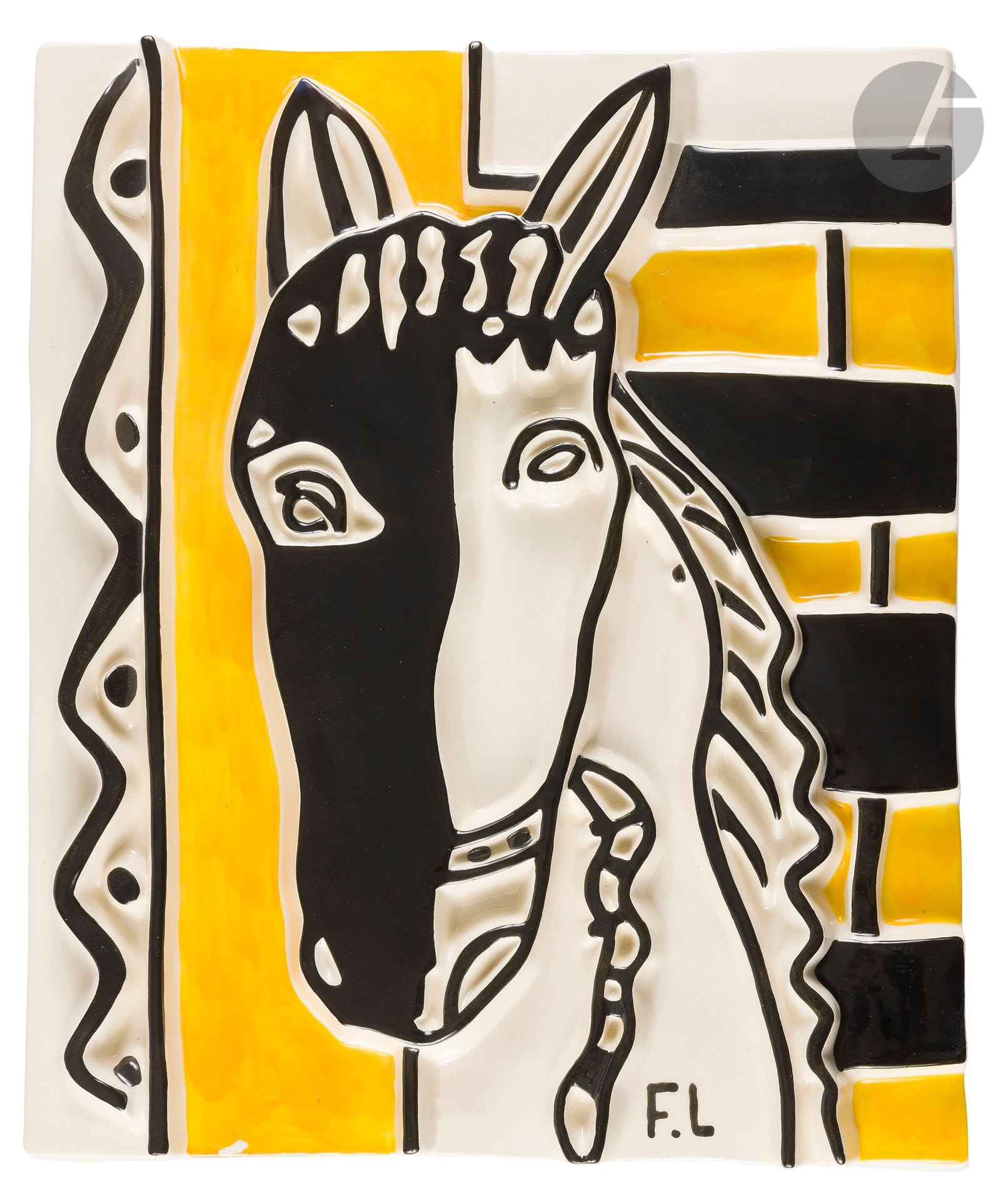 Fernand LÉGER (1881-1955) (d’après)
Le Cheval sur fond jaune, d’après la maquette originale conçue vers [1953], notre épreuve numérotée 115/250
Bas-relief.
Céramique émaillée polychrome.
Édition post mortem limitée et numérotée du Musée national Fernand Léger.
Monogrammé F. L. en bas à droite ; porte le label sous-émail Le Cheval sur fond jaune – Édition à 250 exemplaires d’après la maquette originale de Fernand LÉGER (exclusivité Musée national Fernand LÉGER – Biot) – Numéro 115/250 au dos.
48 x 38 cm
Un saut d’émail en bas à gauche.

Provenance : 
- Collection Simone Bauquier ; Callian (château). 
- Mme X., œuvre détenue par voie de succession de la précédente.

Archive et œuvre picturale en rapport : 
Notre céramique à rapprocher de 2 têtes de chevaux (étude pour une céramique) (1952), référencée sous le numéro 201802-000099 du Catalogue raisonné des œuvres sur papier de Fernand Léger du Comité Léger. 

Collection publique et œuvre en rapport : 
Musée national Fernand Léger, Biot – Une épreuve en céramique de la Tête de cheval sur fond jaune, justifiée 2/8 et portant le N° 33, est conservée dans les collections de cette institution sous le numéro d’inventaire MNFL 99015. 

Expositions et œuvres en rapport : 
- Fernand Léger – Musée national de Varsovie, de février à mars 1971 ; Musée national de Cracovie, du 1er avril au 1er mai 1971 ; Musée national de Poznan, du 15 mai au 15 juin 1971 ; Musée d’art de Lodz, du 1er juillet au 1er août 1971. Une épreuve en céramique de la Tête de cheval sur fond jaune exposée lors de cette manifestation (N° 255). 
- Fernand Léger, la céramique – Biot, Musée national Fernand Léger, du 24 mars au 2 juillet 2000. Deux épreuves en céramique de la Tête de cheval (l’une sur fond jaune, l’autre à décor noir et rouge) exposées lors de cette manifestation (N° 51 et n°52). 

Bibliographie : 
- Larisa Alekseevna Zadova – Fernand Léger, mosaïque, vitrail, céramique, tapisserie – Éditions Izdatel’stvo Iskusstvo, Moscou, 1970. Une épreuve en céramique de la Tête de cheval, à décor rouge et jaune, reproduite sous le numéro 6 du catalogue des céramiques ainsi qu’en couverture. 
- Gualtieri di San Lazzaro (dir.) – Homage to Fernand Léger – N° spécial de la revue XXe siècle de 1971. Une épreuve en céramique de la Tête de cheval reproduite p. 120. 
- Fernand Léger, la céramique – Catalogue publié à l’occasion de l’exposition organisée au Musée national Fernand Léger, Biot (24 mars – 2 juillet 2000), Éditions de la Réunion des musées nationaux, Paris, 2000. Une épreuve en céramique de la Tête de cheval sur fond jaune référencée sous le numéro 51 du catalogue, reproduite p. 11 et décrite p. 58 ; une autre épreuve en céramique de la Tête de cheval, à décor noir et rouge, référencée sous le numéro 52, reproduite p. 27 et décrite p. 58.