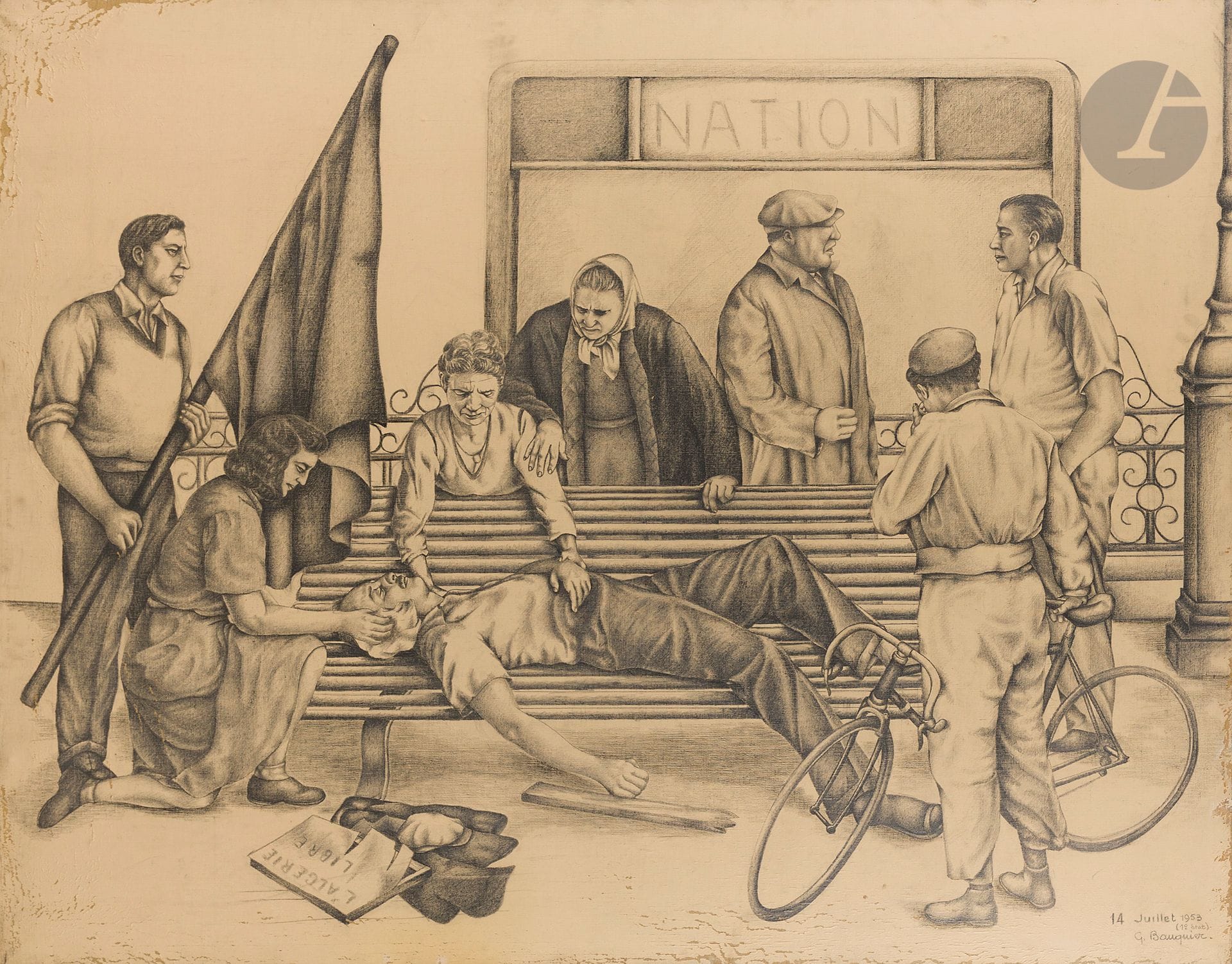 Georges BAUQUIER (1910-1997)
Free Algeria, 1953
Charcoal on prepared canvas.
Signed and dated lower right.
(Missing edges).
130 x 162 cm