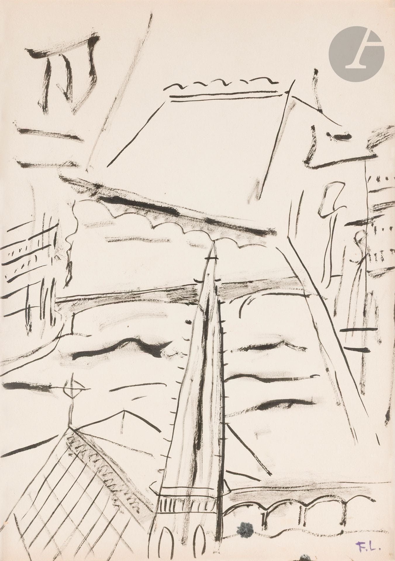 Fernand LÉGER (1881-1955)
The City, circa 1955
Ink on paper pasted on canvas.
Annotated "D.313" on a label on the back.
Studio stamp lower right.
44.5 x 32 cm

A certificate from the Comité Léger can be provided on request and at the purchaser's expense.

A certificate of inclusion in the Répertoire des œuvres sur papier de Fernand Léger, in preparation by Madame Irus Hansma, can be supplied on request and at the purchaser's expense.