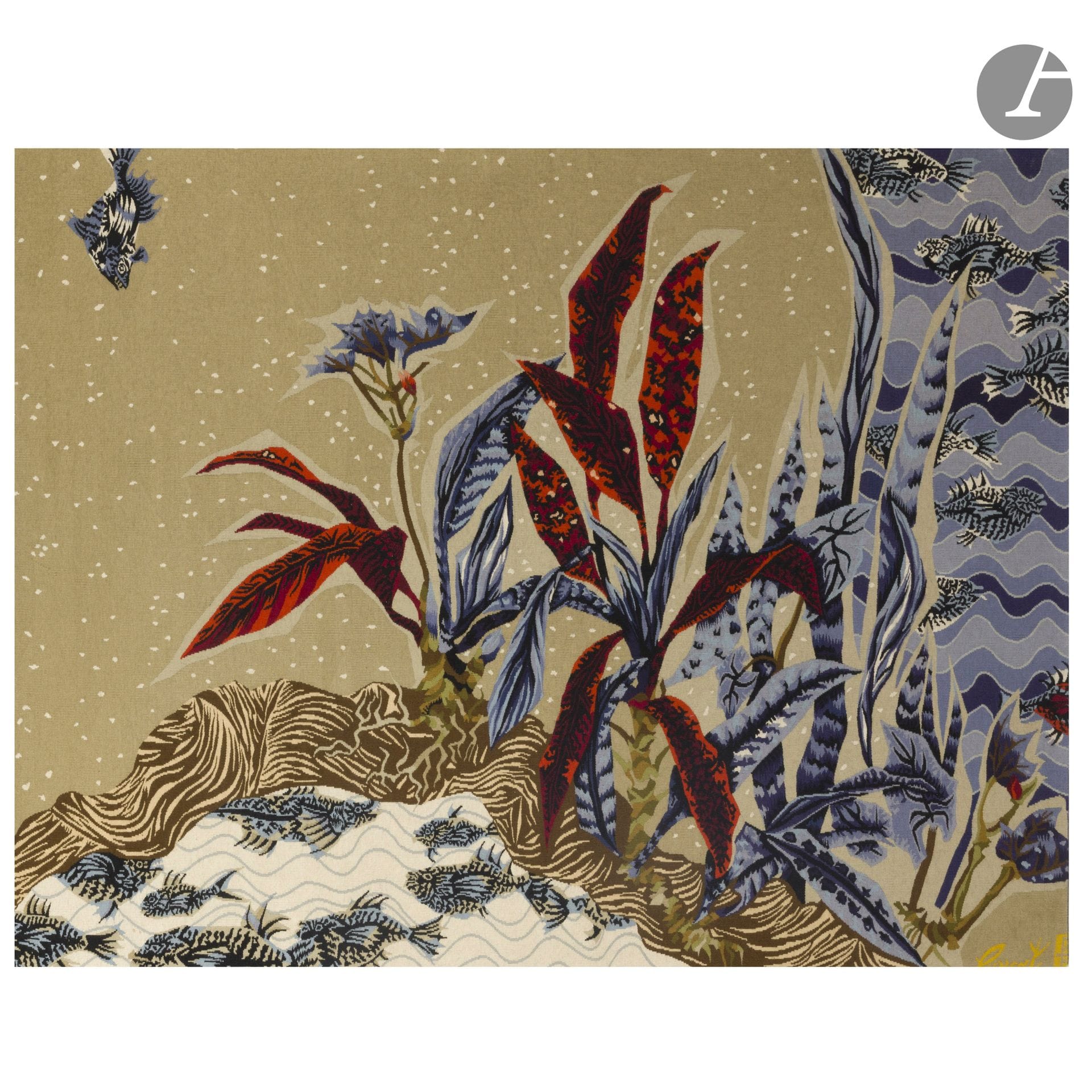 JEAN LURÇAT (1892-1966) CARTONNIER &amp; PINTON FRÈRES LISSIER À AUBUSSON
Underwater flora and fauna
Tapestry of lice. Colored wools. Mounted on a stretcher, the borders returned on the back. Signed LURÇAT and bearing the weaver's monogram in the weft, lower right. Total dimensions: 154 x 178 cm