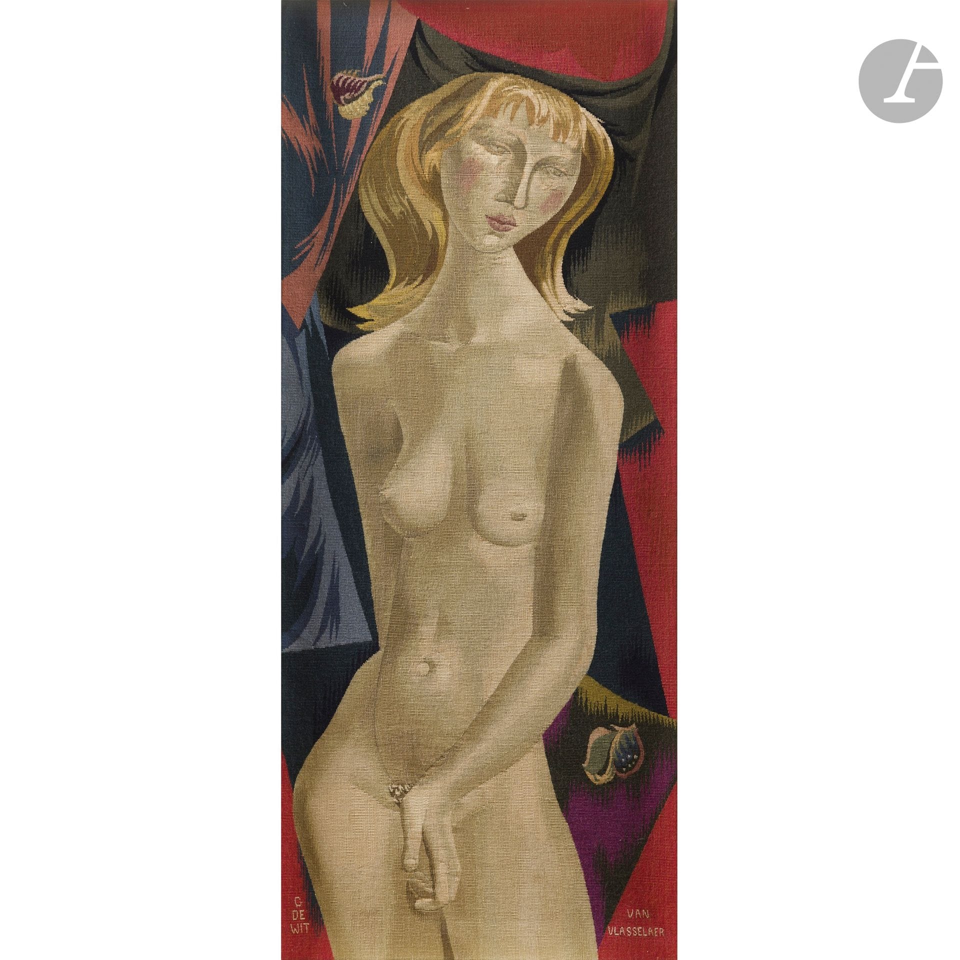 JULIEN VAN VLASSELAERE (1907-1982) PEINTRE-CARTONNIER & G. DE WITE LISSIER 
Nu 
Tapisserie de lice. Laines de couleur. Montée sur châssis et présentée dans un large encadrement à gradins en bois laqué blanc. Signé VAN VLASSELAERE dans la trame en bas à droite et porte la mention G. DE WITE dans la trame en bas à gauche. Tapisserie à vue : 126 x 52 cm - Avec cadre : 152 x 78 cm