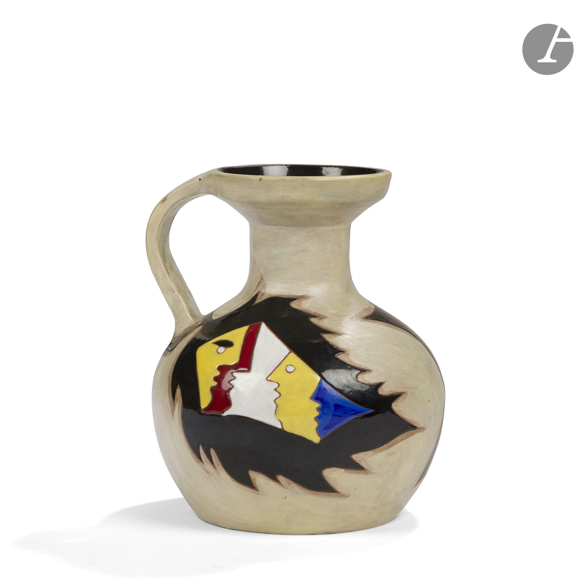 JEAN LURÇAT (1892-1966) PAINTER-CARTONNIER &amp; MANUFACTURE DE SANT-VICENS
Visages affrontés &amp; feuilles de vigne, proof numbered 26/50
Pansu pitcher with detached handle. Glazed ceramic proof; each design titled in free-form reserves and treated in black, red, yellow, blue and white on a beige background - the interior glazed in black. A few scattered enamel chips. Marked Dessin J. LURÇAT - Sant-Vicens - B.W - and numbered 26/50 on the reverse. H. 25.5 cm - D. 23 cm