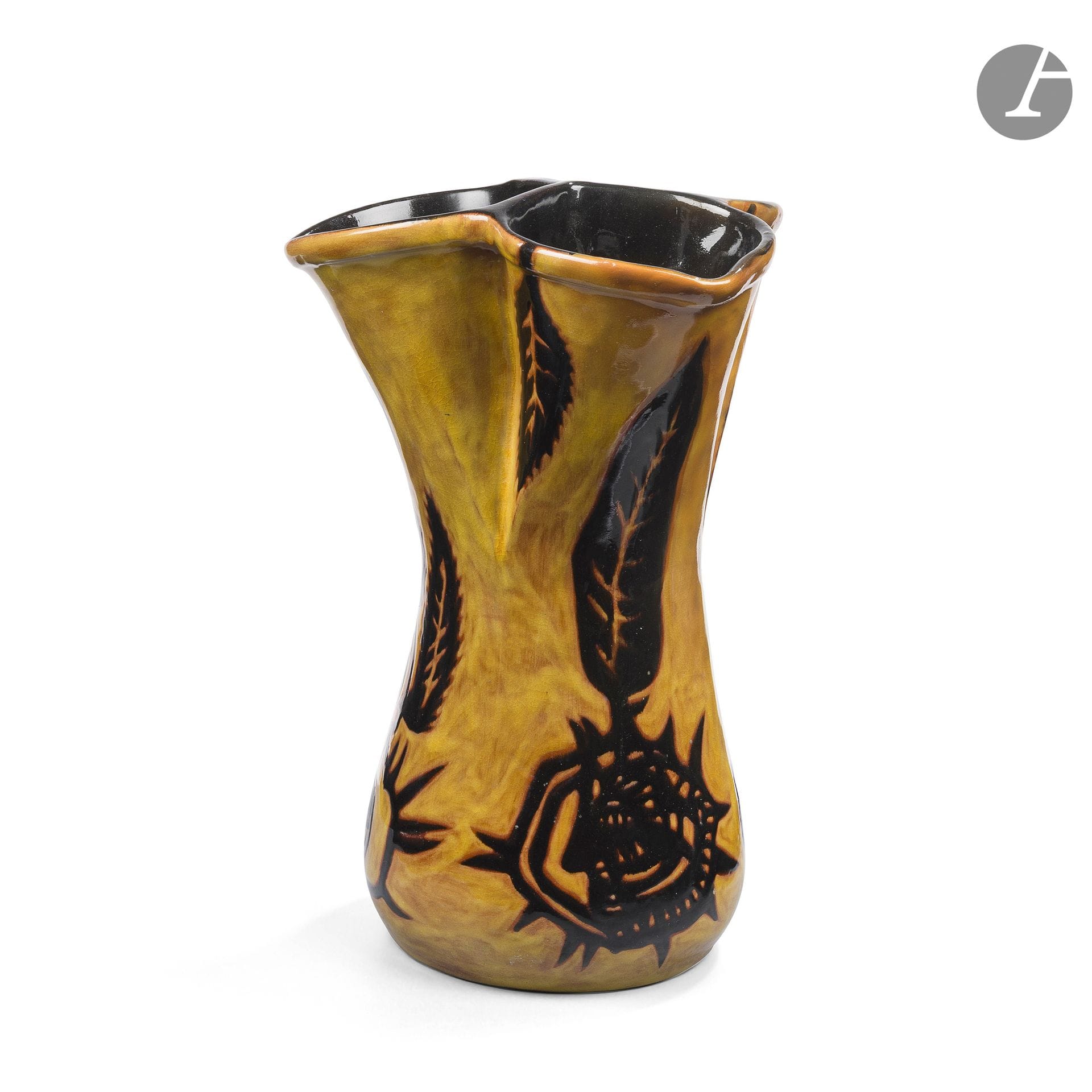 JEAN LURÇAT (1892-1966) PAINTER-CARTONNIER &amp; MANUFACTURE DE SANT-VICENS
Feuilles, profils, proof numbered 10/50
Large diabolo vase with three openings. Glazed ceramic proof; the title decoration treated in black on a yellow ochre background - the interior treated in black. Significant restorations. Marked Dessin J. LURÇAT - Sant-Vicens - B. - and numbered 10/50 on reverse. H. 36.7 cm