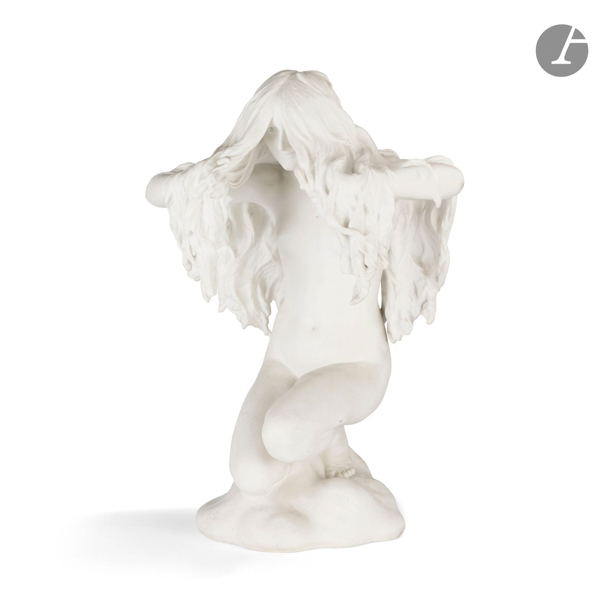 DENYS PUECH (1854-1942) SCULPTEUR & MANUFACTURE NATIONALE DE SÈVRES
Aurore, le modèle créé en [1900] et présenté lors du Salon de la Société des Artistes Français de 1901
Sculpture. Épreuve en biscuit de porcelaine. Salissures. Signée PUECH Paris 1900 sur le tertre en façade, porte le cachet oblong SÈVRES et le cachet triangulaire S1907 de la Manufacture Nationale de Sèvres sur le tertre au revers. H. 52 cm - L. 34 cm - l. 23 cm  

Collection publique et œuvre en rapport : 
Musée d'Orsay, Paris - Une épreuve du modèle, en marbre, de plus grandes dimensions, est conservée dans les collections de cette institution sous le numéro d'inventaire CHM 138.

Bibliographie :
- Catalogue illustré du Salon de 1901 : vingt-troisième année - Éditions Ludovic Baschet, Paris, 1901. Le modèle référencé sous le numéro 3493 du catalogue. 
- Les œuvres de la Manufacture de Sèvres 1738-1932, volume II, la sculpture moderne - Éditions de la manufacture, Sèvres, vers 1932. Une épreuve identique reproduite planche 4 sous le n° 1028.
- Catherine Gaich et Catherine Chevillot - Denys Puech 1854-1942 - Catalogue de l'exposition organisée au musée des beaux-arts Denys Puech, Rodez (24 décembre 1992-30 août 1993), Éditions du Musée Denys Puech, Rodez, 1993. Le modèle reproduit et référencé sous le numéro 48 du catalogue raisonné.