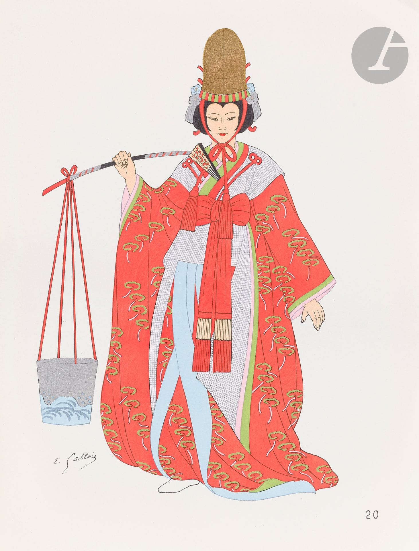 E. Gallois, Costumes japonais et indonésiens, c. 1950
Recueil de 48 planches sur les costumes japonais et indonésiens dessinés par Emile Gallois et reproduits au pochoir par le maître enlumineur Henri Hus.
32,5 x 25 cm
