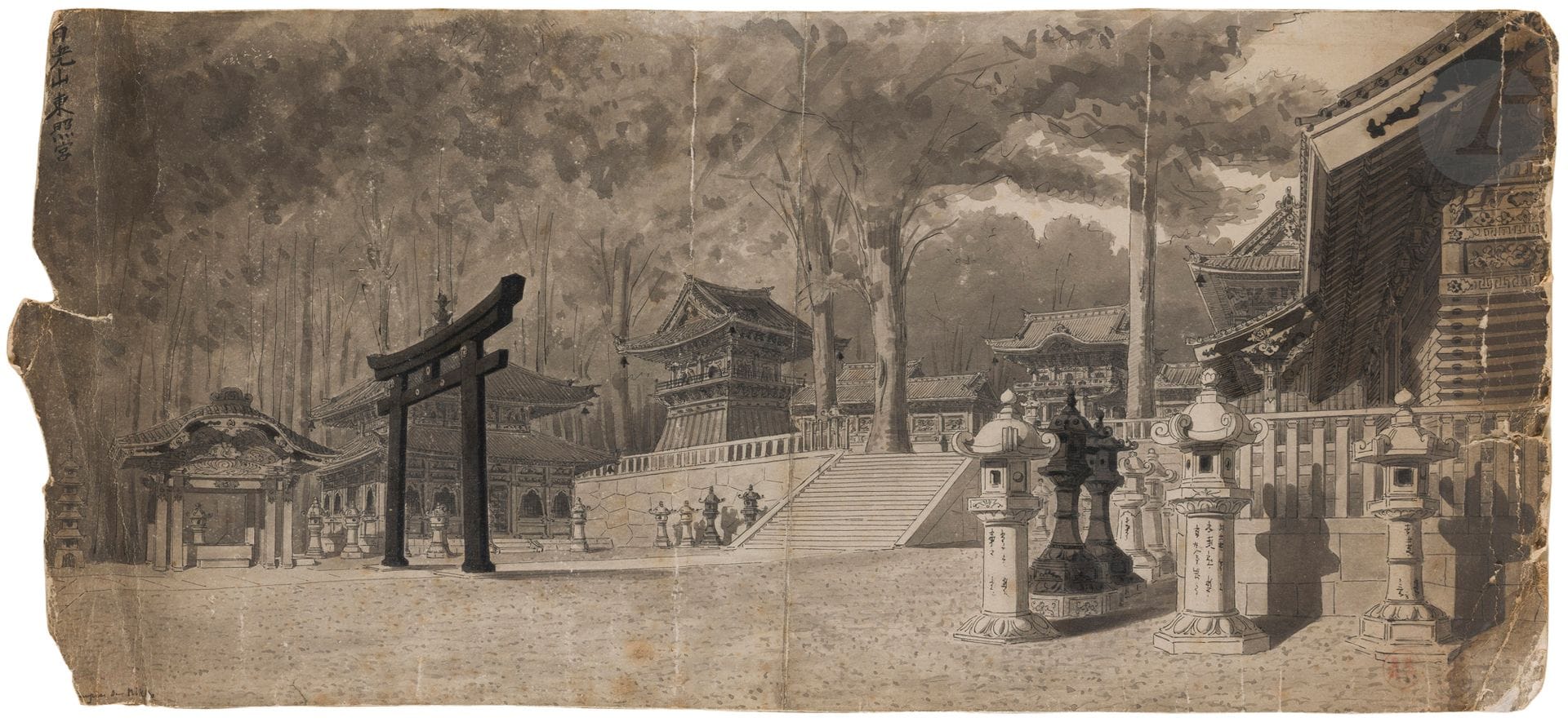 Abel Guérineau (1841-1925)
Le sanctuaire de Tokugawa Yeyasu à Nikkō ; vue en coupe d’une pagode
Deux dessins : un lavis à l’encre de Chine et une encre sur papier. - Le premier représente l’entrée d’un sanctuaire Shinto avec des lanternes et divers bâtiments. En haut à gauche, l’inscription 日光山東照宮 - Nikkōzan Tōshōgū - « Sanctuaire de Nikkōzan », en bas à gauche, l’inscription « temple de Nikko ». En bas à droite, un sceau rouge et un autre noir de l’artiste. Dim. à vue : 29,5 x 63,5 cm. - Le second est une vue en coupe d’une pagode, un dessin d’architecte indiquant des détails de la construction et de la charpente en bois. Dim. à vue : 99 x 35,5 cm
Quelques accidents et usures au lavis.
Encadrés sous verre.
