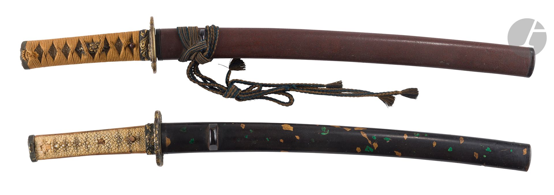 Two wakizashi, Japan, Edo period (1602-1868)
- A wakizashi blade hira zukuri, hamon gunome, numerous small hakobore due to misuse of the blade. The nakago is signed Uda Kunihisa - 宇多国久. Nagasa: 36.1 cm. Koshirae consisting of a black lacquered saya with gold and green tsuka spots with the tsuka ito missing. Tsuba mokko gata in shakudo in the mino goto style, decorated with birds and various flowers. Fuchi kashira in shakudo with nanako base and taka zogan samurai decoration. Kogatana with stamped metal kozuka. - A wakizashi blade shinshinto, shinogi zukuri, hamon notare. Mumei. Nagasa: 41.5 cm. Koshirae made of a sabi nuri lacquered saya. Tsuka, with mustard-colored tsuka ito, the shakudo menuki decorated with flowers. Tsuba mokko gata in shakudo with nanako background decorated in taka zogan with takarabune with shichi fukujin and a turtle in the waves. Fuchi kashira in shakudo with nanako base decorated in taka zogan with peony flowers. Kogatana with a signed blade and a sentoku kozuka decorated with a dragon in the clouds in pursuit of the sacred pearl.