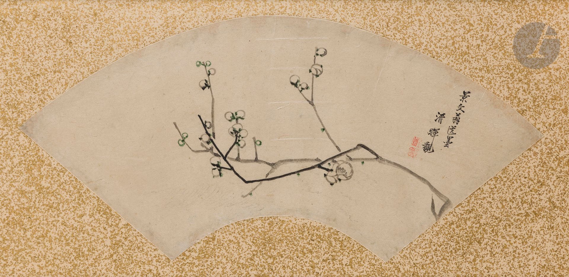 Attributed to Matsumara Keibun - 松村景文 (1779-1843), fan painting, Japan, 19th century
Ink on paper depicting a plum branch in bloom. At bottom right the inscription 景文翁送墨 清輝觀 which could be translated as: "Ink donated by the venerable Keibun, / The Pavilion of Pure Light". Then two seals by the artist.
17.5 x 45.5 cm

Provenance:
From an important private collection belonging to a Dutch noble family.
