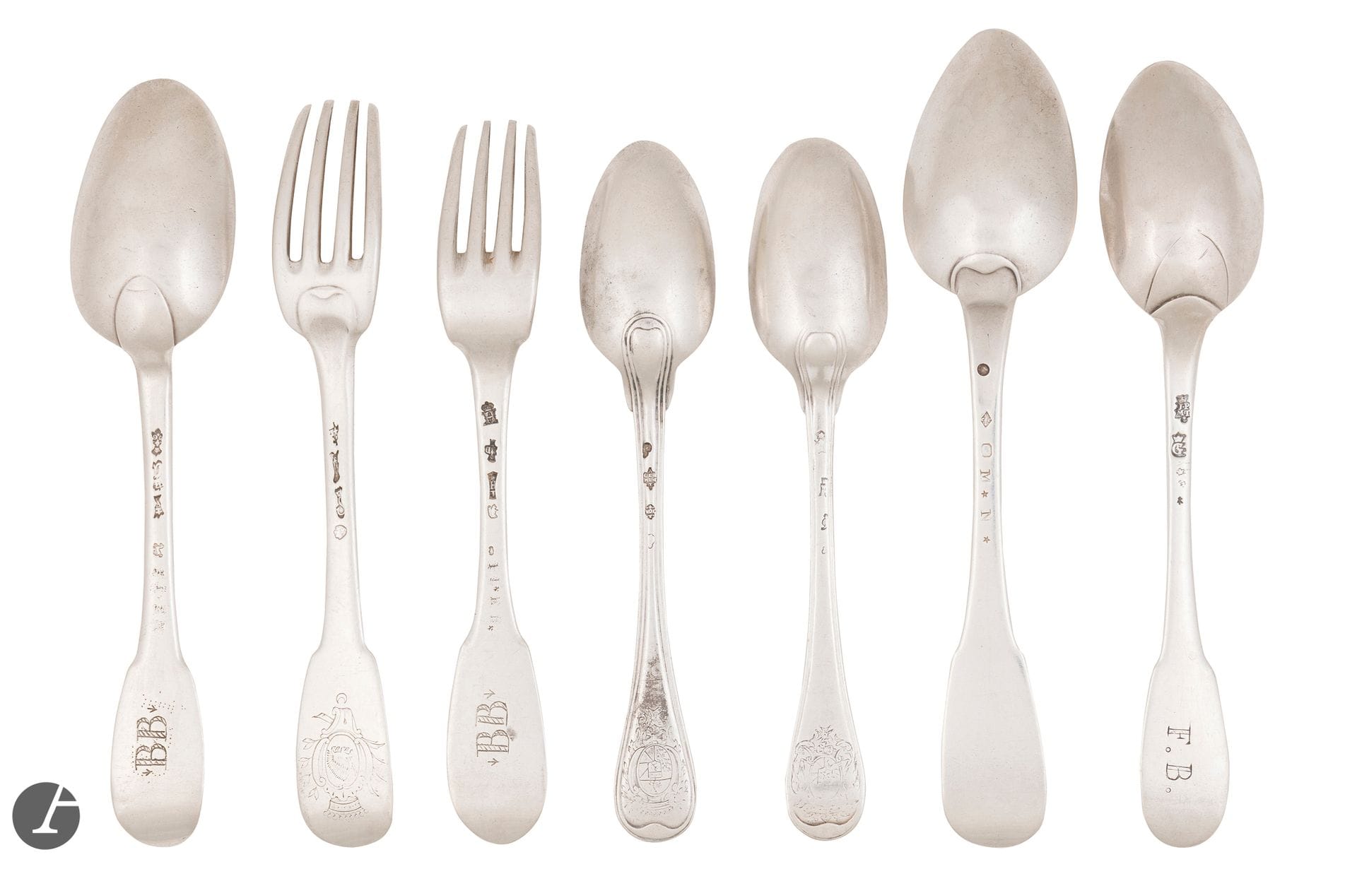 FRANCE 18th century
Set of silver spoons and forks, filet, filet goutte d'eau and uniplat models:
- TOULOUSE 1774 - 1775: entremets spoon model filet sans épaulement, master goldsmith: CLEMENT,
- PARIS 1737 - 1738, uniplat spoon engraved BB on the spatula, 
- VANNES 1770 - 1771, uniplat spoon engraved FB on the spatula, master silversmith: Joseph-Pierre-Marie TIRET, received in 1765,
- LA ROCHELLE 1779 - 1780, uniplat fork engraved BB on the spatula, master goldsmith: illegible,
- PARIS 1781 - 1782, flat fork engraved with a coat of arms surmounted by a comtal crown,
- JURIDICTION DE NANTES OU DE RENNES, entremets spoon model filet sans épaulement, engraved with a coat of arms on the spatula, hallmarks illegible.
 A spoon from Paris 1818 - 1839, uniplat model, goldsmith : Jean-Joseph RIVET, is attached.
Weight : 501 g