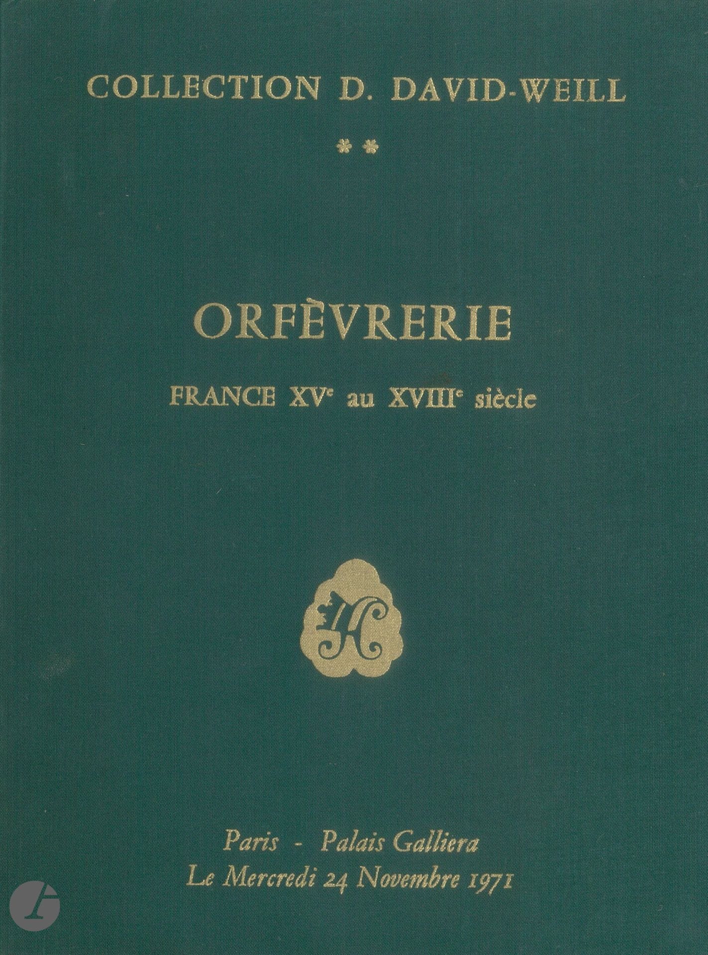 [3 volumes]
- Collection D. David-Weill. Orfèvrerie. France XVIIe et XVIIIe siècles, Paris, Palais Galliera, le vendredi 4 juin 1971. (Quelques traces d'humidité).
- Collection D. David-Weill. Orfèvrerie. France XVe au XVIIIe siècle, Paris, Palais Galliera, le mercredi 24 novembre 1971. (Traces d'humidité et quelques arrachements sur certaines pages). 
- Collection D. David-Weill. Orfèvrerie. XIIe au XIXe siècle, Paris, Hôtel Drouot, les jeudi 4 et vendredi 5 mai 1972. (Quelques traces d'humidité).