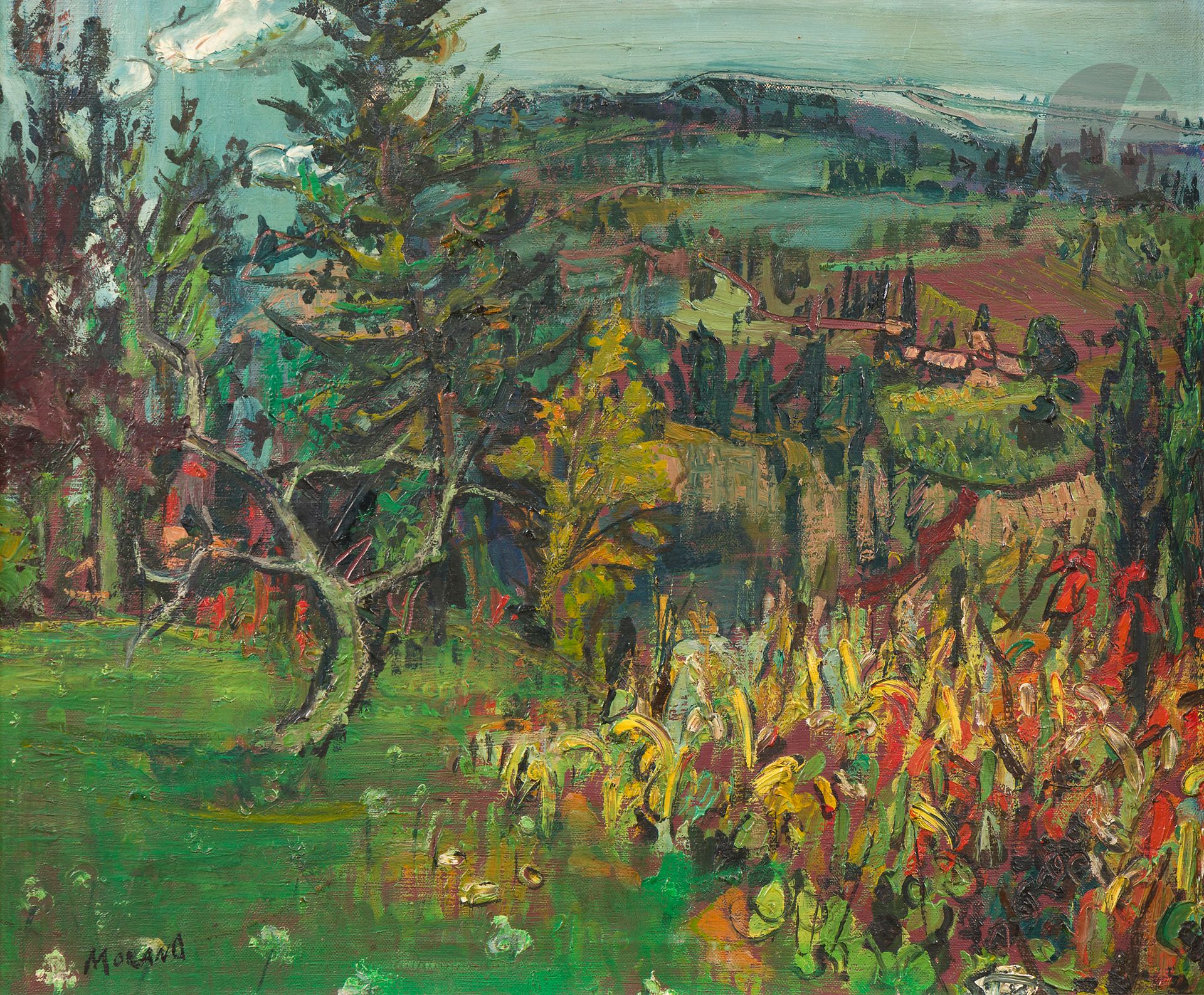Guillemette MORAND (1913-1989)
Landscape
Oil on canvas.
Signed lower left.
46 x 55 cm

Provenance : 
Galerie 65, Cannes (label on back).