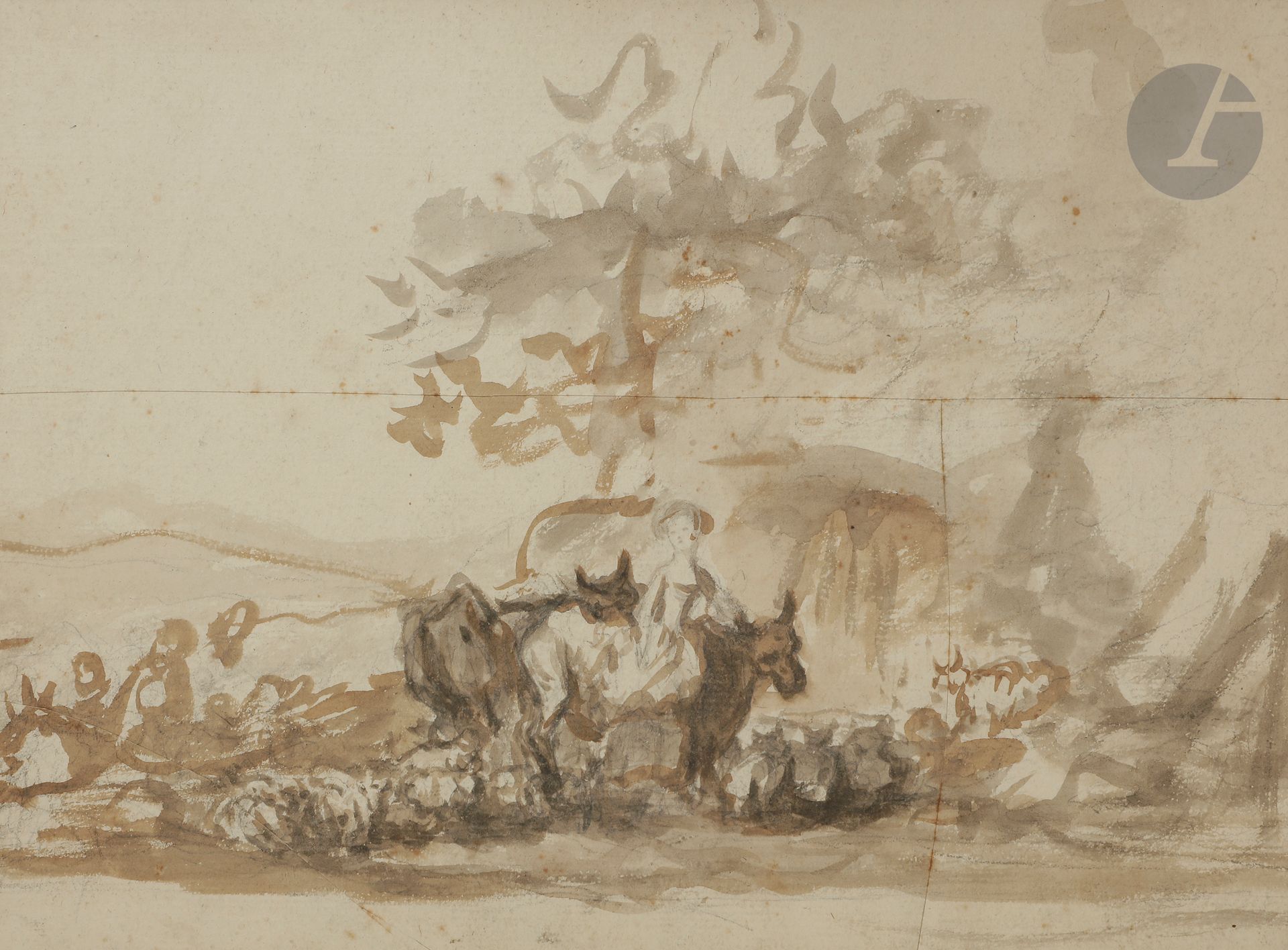 Dans le goût de FRAGONARD (Grasse 1732 - Paris 1806)
Paysanne et son troupeau
Lavis brun et lavis gris sur traits de crayon noir. 
Sur trois feuilles jointes.
18,5 x 25,5 cm