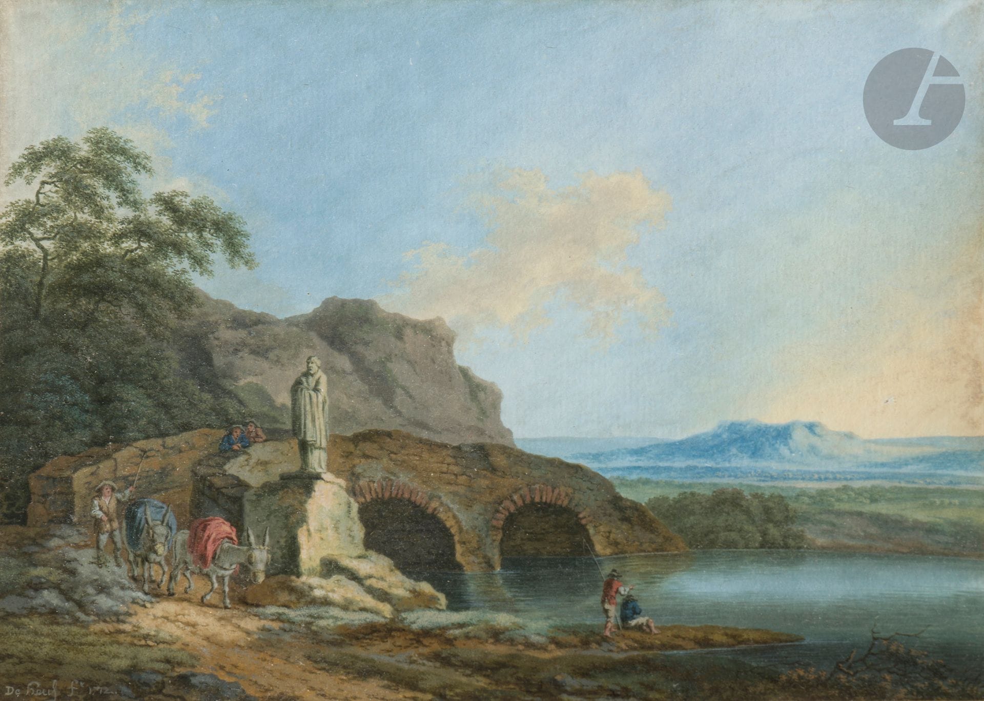 18th century FLEMISH LANDSCAPE with animated bridge, gouache, annotated "De HEUF" and dated "1712" 16.5 x 23 cm