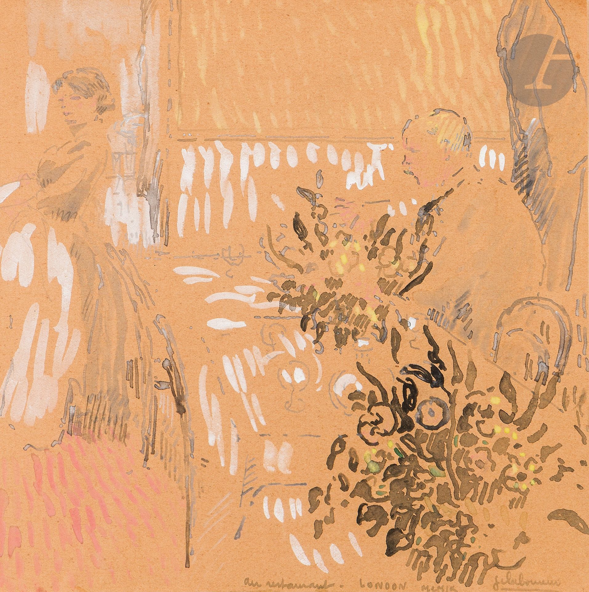 Jean-Émile LABOUREUR (1877 - 1943)
Au restaurant
Encre, lavis d'encre et gouache.
Signée, titrée et située en bas à droite.
Dédicacée et signée sur le montage en bas à gauche.
18,5 x 18,5 cm