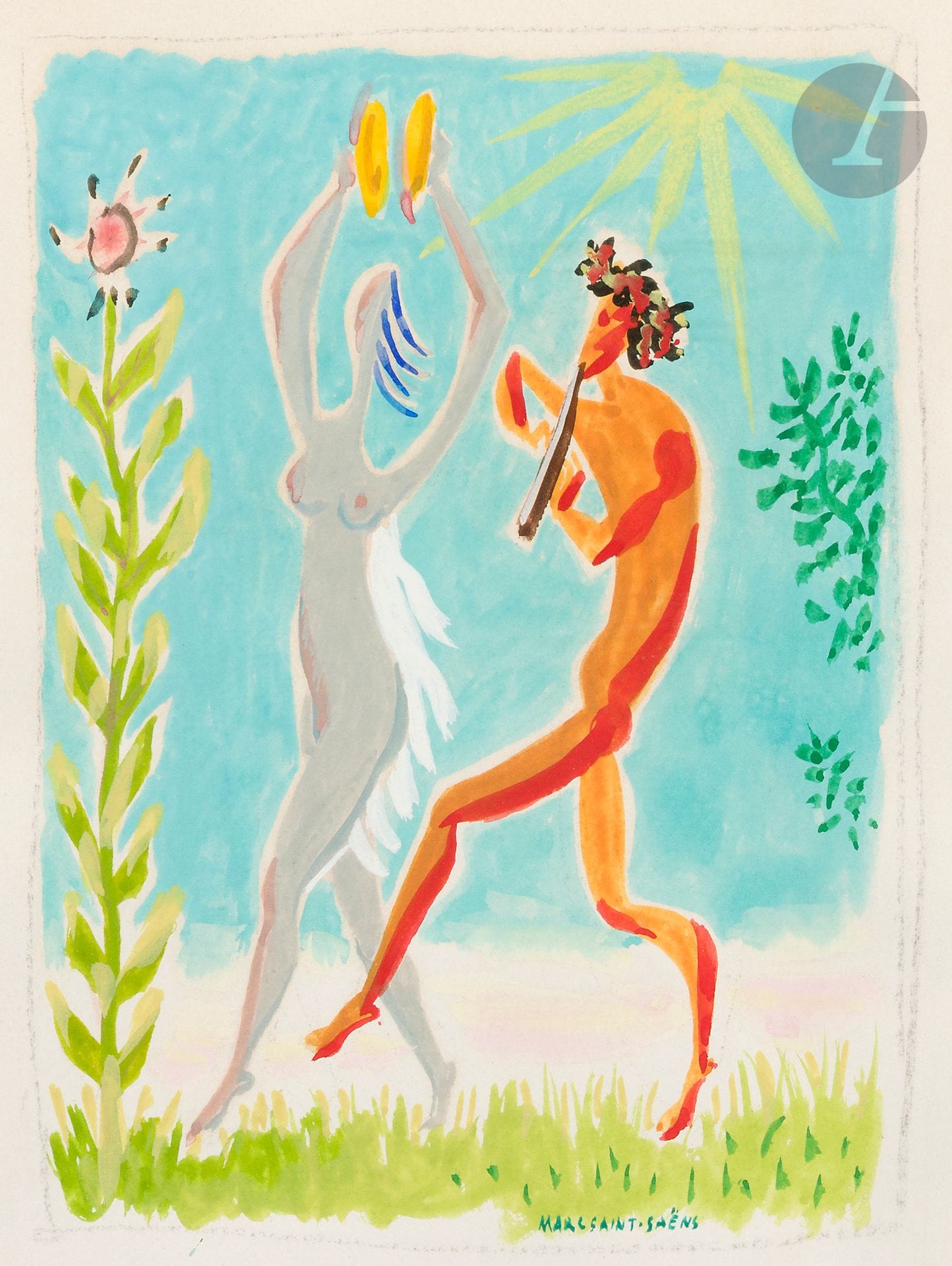 Marc SAINT-SAËNS (1903-1979)
Faune à la Musique
Gouache.
Signée en bas à droite.
52 x 35 cm