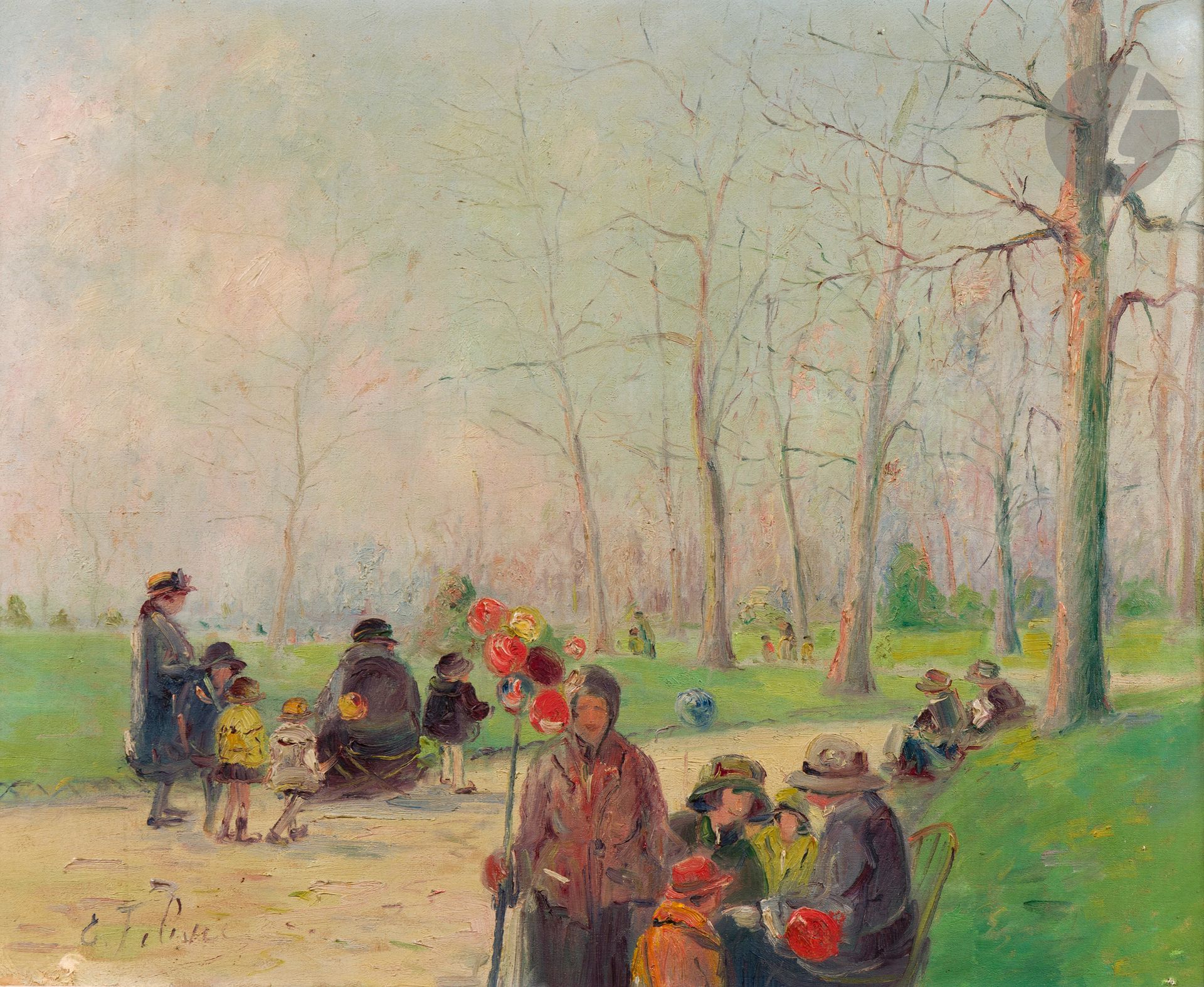 ÉCOLE MODERNE
Promenade au jardin du Luxembourg, 1924
Huile sur toile.
Trace de signature en bas à gauche.
Signée, datée et située au dos.
49 x 60 cm
