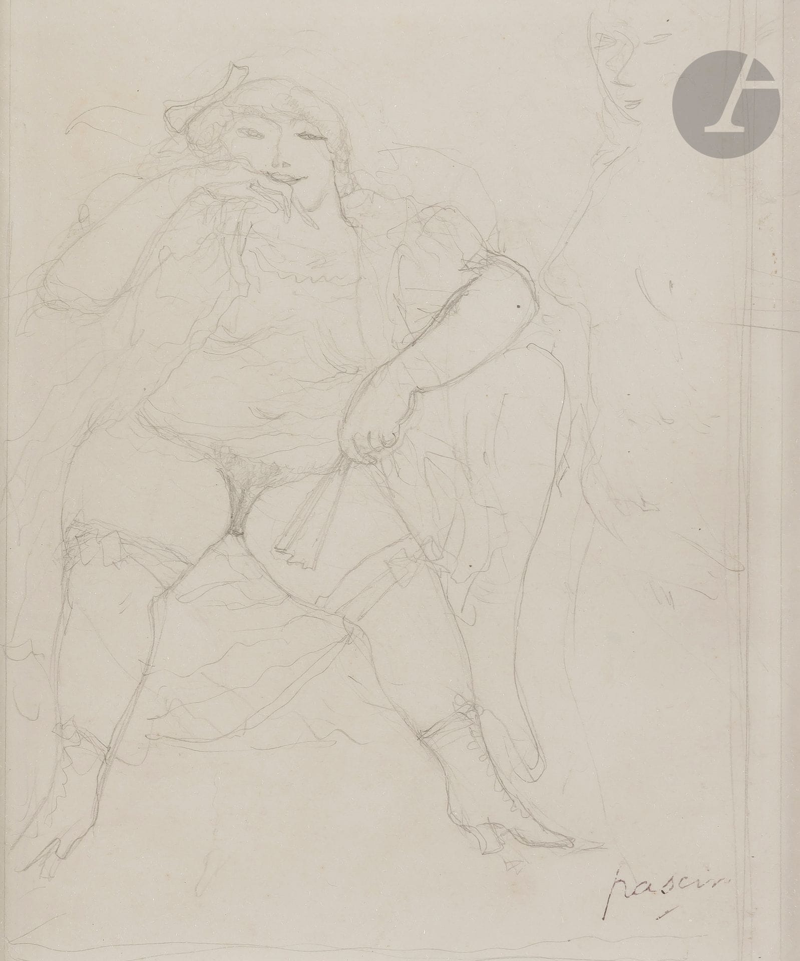Julius Pincas dit PASCIN (1885-1930)
La Grosse courtisane, vers 1905
Mine de plomb.
Timbrée en bas à droite.
16,5 x 13,5 cm

Notre dessin est préparatoire à la pointe sèche sur zinc du même titre datée de 1905.

Bibliographie :
Pascin. Catalogue raisonné. Simplicissimus, gravures, lithographies, illustrations, sculptures, objets. Ed. Abel Rambert, Paris. Tome III, n° 4bis reproduit p. 64.