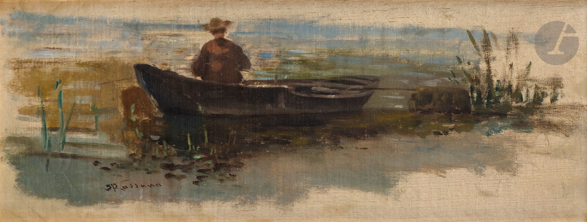 Federico ROSSANO (1835-1912)
Pêcheur à sa barque
Huile sur toile contrecollée  sur carton.
Signée en bas à gauche.
14 x 34,5 cm