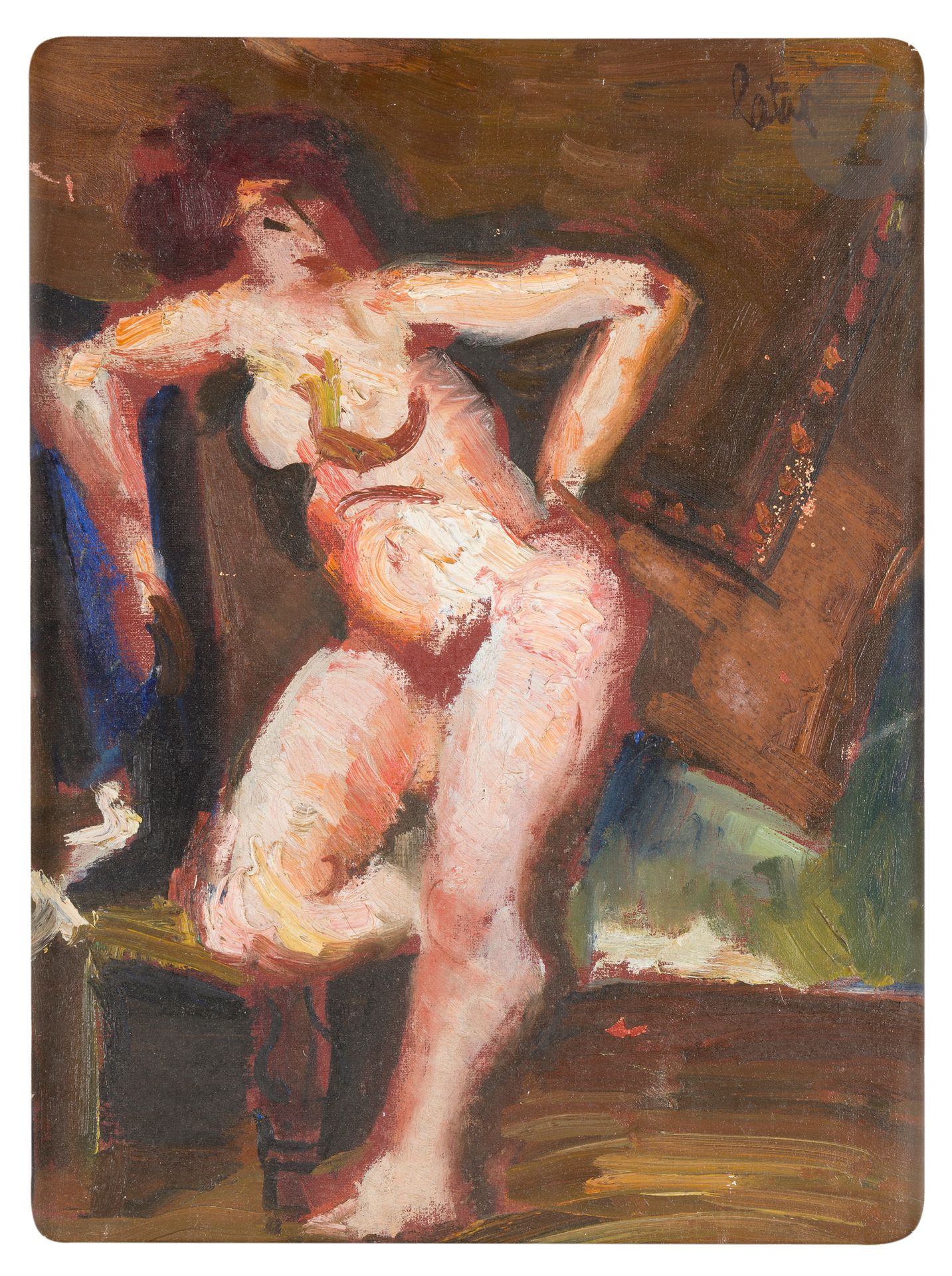 Louis LATAPIE (1891-1972)
Nu se levant, 1941
Huile sur toile.
Signée en haut à droite.
Signée et datée au dos.
35 x 27 cm