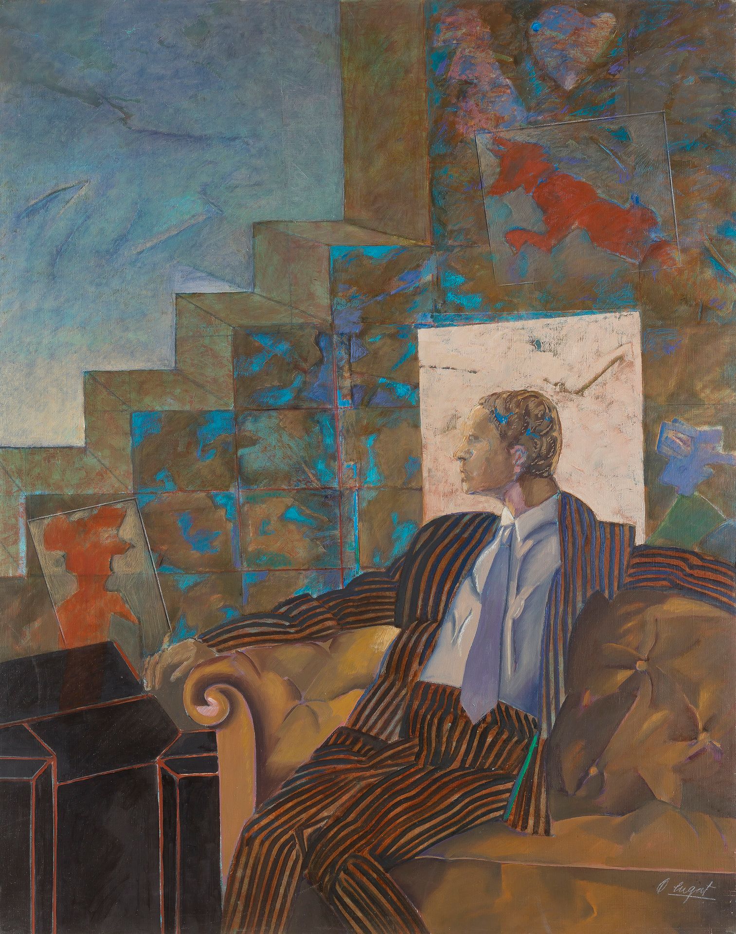 Delia CUGAT (1930-2020) L'Étranger, 1990 Oil on canvas, signed lower right, signed on the back. 92 x 73 cm Provenance: Galerie de Francony, Paris.