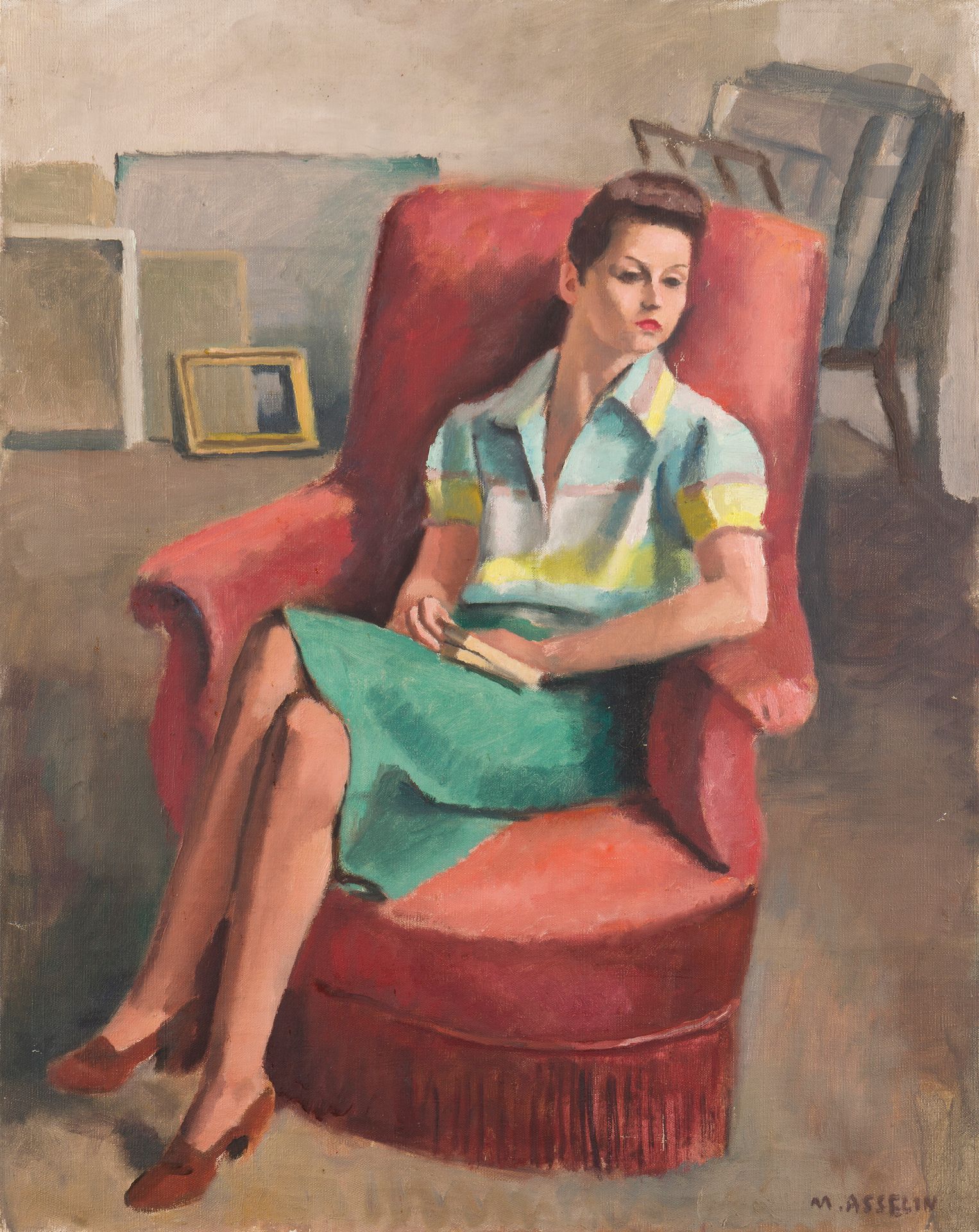 Maurice ASSELIN (1882-1947)
Femme au fauteuil dans l'atelier
Huile sur toile. 
Signée en bas à droite. 
81 x 65 cm