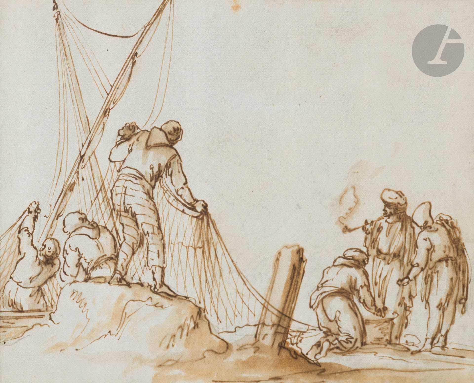 ÉCOLE ITALIENNE du XVIIIe siècle
Pêcheurs
Plume, encre brune et lavis brun.
12,5 x 16 cm