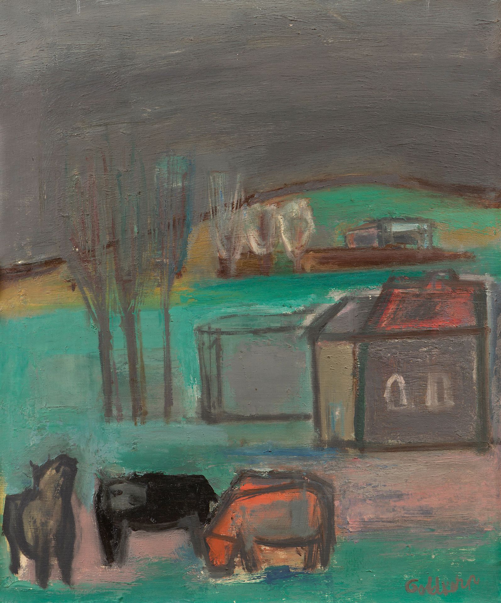 Georges GOLDKORN (1905-1977)
Paysage au troupeau de vaches, 1953
Huile sur toile.
Signée en en bas à droite.
Signée et datée au dos.
55 x 46 cm
