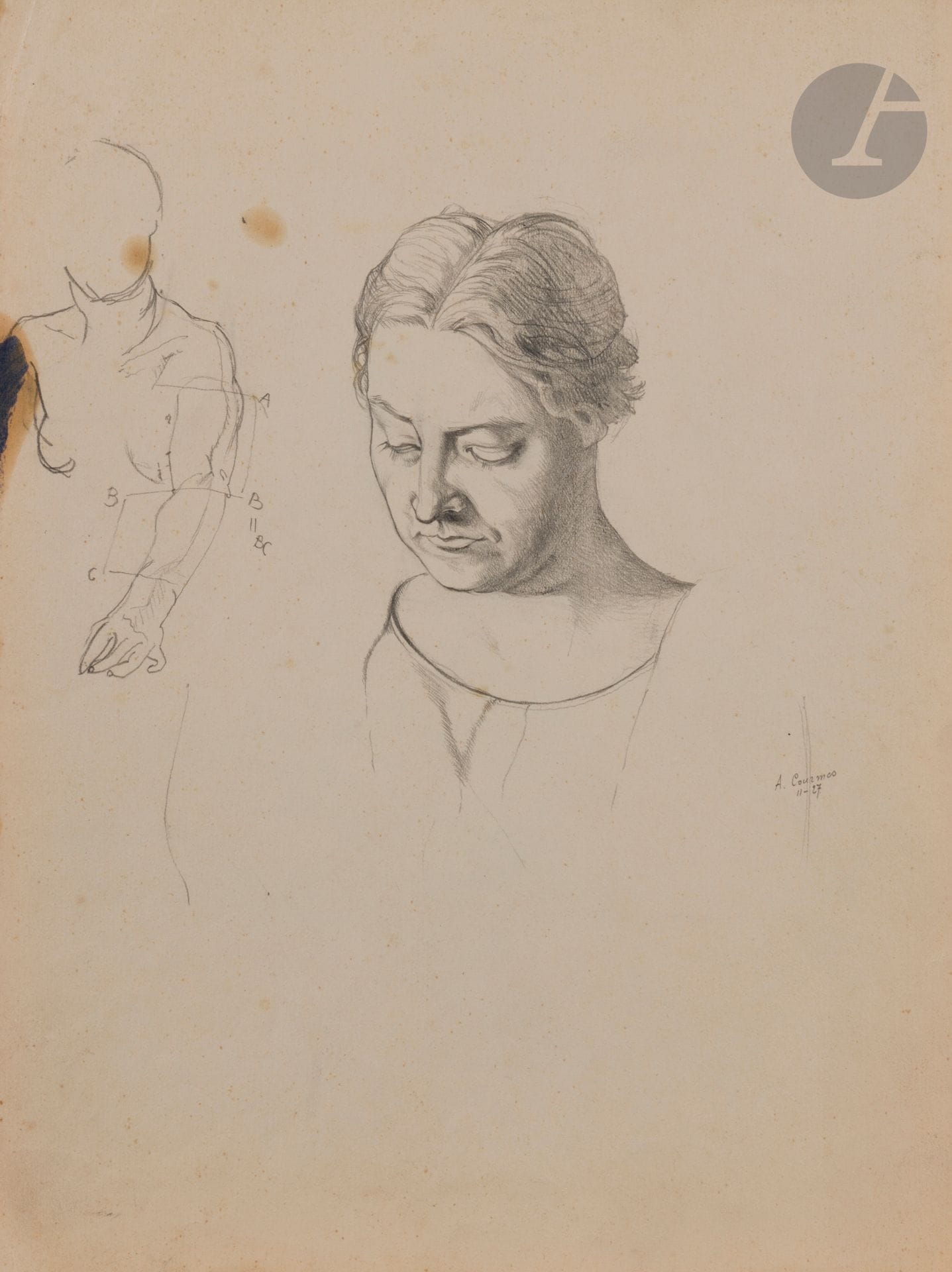 Alfred COURMES (1898-1993) Studies of a woman, 1927 Graphite, signed and dated on the right. (Fading, creases). 35 x 26.5 cm