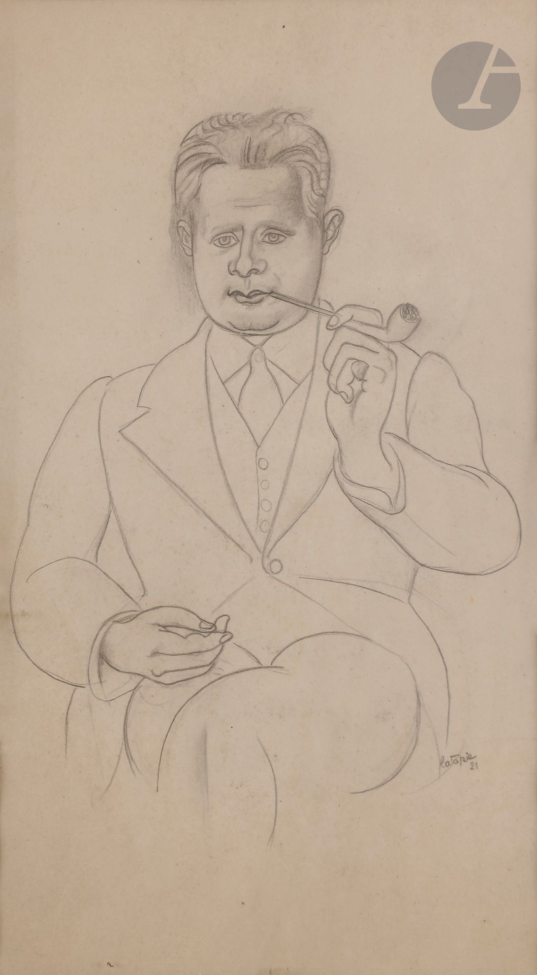 Louis LATAPIE (1891-1972) 
Portrait d'homme à la pipe, 1921 
Crayon et estompe. 
Signé et daté en bas à droite. 
42,5 x 23,5 cm