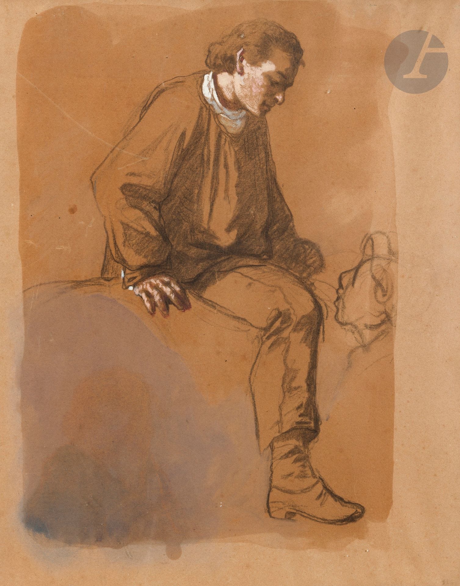 Attribué à Évariste-Vital LUMINAIS 
(Nantes 1821 - Paris 1896)
Cavalier descendant de sa monture
Fusain, gouache et fixatif.
51 x 42 cm