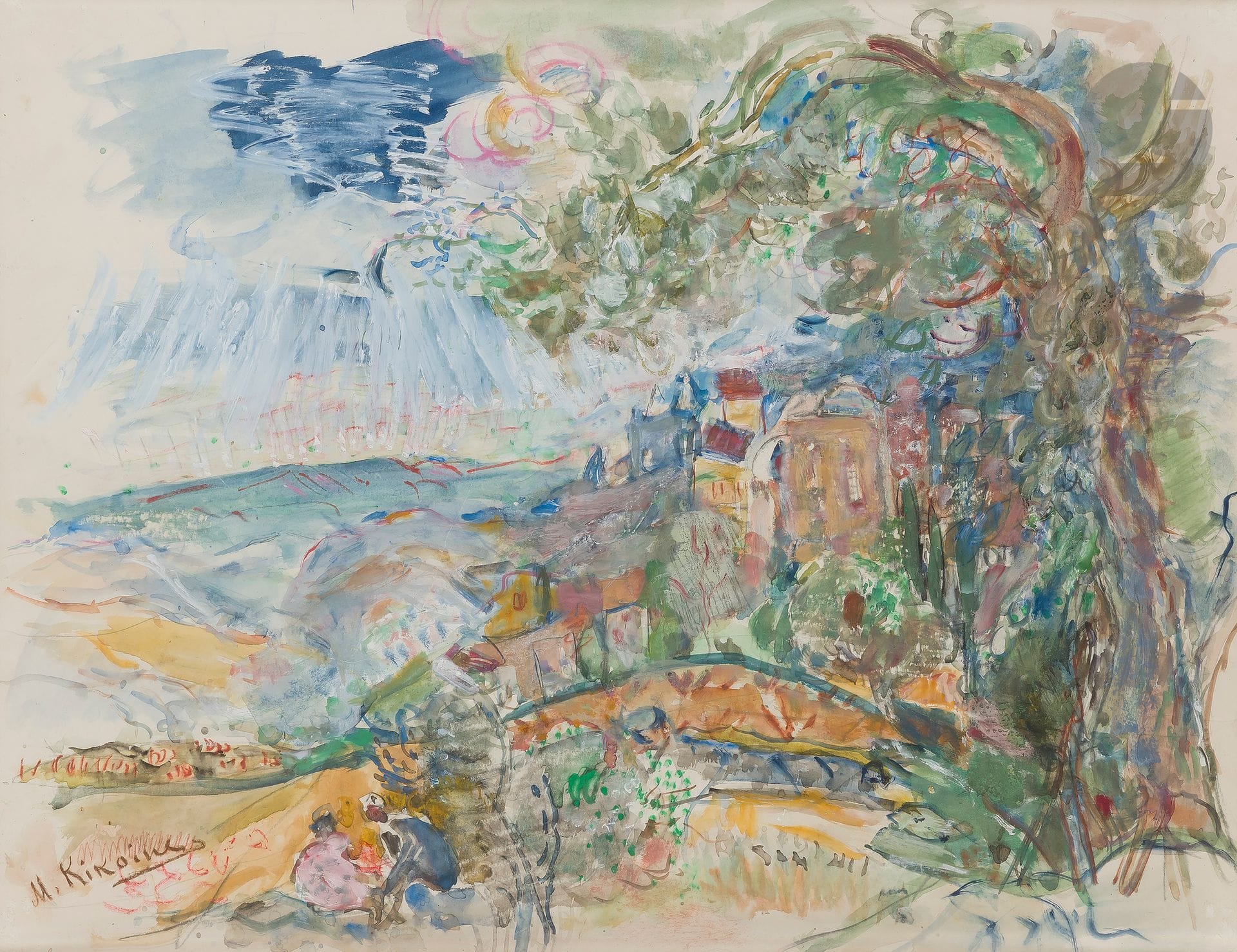 Michel KIKOÏNE (1892-1968)
Le Village
Aquarelle et gouache sur traits de crayon gras.
Signée en bas à gauche.
49 x 62 cm