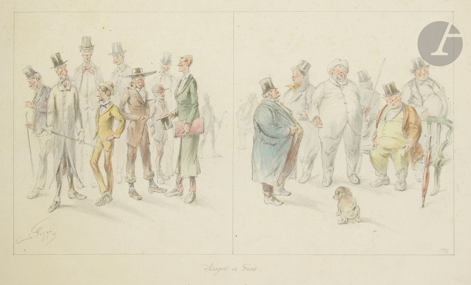 Carlo GRIPP (Charles Tronsens, dit) (1830-?)
Maigres et gras, 1892
Dessin à la mine de plomb et à l'aquarelle sur vélin. 
Signé et daté à l'intérieur du filet d'encadrement, puis légendé sous le sujet.
(Rousseurs claires). 
32,5 x 50 cm