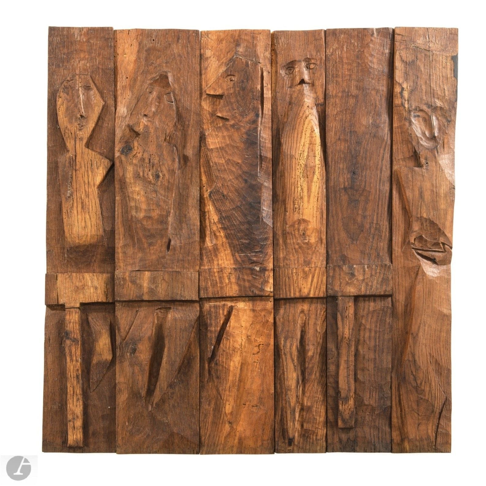 JEAN TOURET (1916-2004) SCULPTOR - FOUNDER OF THE ASSOCIATION LES ARTISANS DE MAROLLES
Characters at table
Decorative panel with 6 elements in high relief.
Direct-cut oak.
1950s.
Unsigned.
Height: 82.5cm - Length: 77cm

Provenance:
Mobilier Objets d'Art - Maison de ventes Pousse-Cornet, October 21, 2017, Orléans. Our work presented under number 134 in the catalog and acquired at this sale by the current owner.

Bibliography and related works: 
- Plaisir de France - March 1957 issue. Our work to be compared with the bas-relief reproduced on page 34. 
- Anne Bony, Axelle Corty, François Touret et Jean Touret - Jean Touret - Éditions de l'Amateur, Paris, 2022. Our work to be compared with the bas-reliefs reproduced on pages 14, 23, 65, 69, 100-101, 104 and 105.