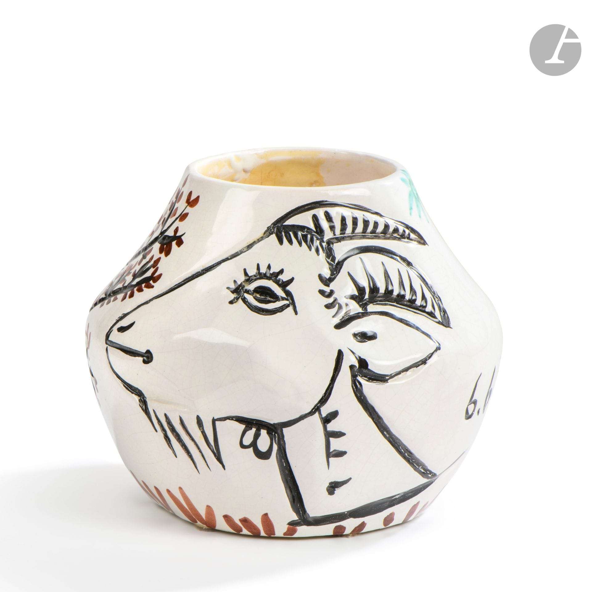 PABLO PICASSO (1881-1973) & ATELIER MADOURA
Vase aux chèvres, variante, le modèle créé le [6 juin 1952], l’édition classique à 40 exemplaires, notre version possiblement d’une édition plus réduite
Vase à pans coupé.
Empreinte originale; l’édition classique à 40 exemplaires, notre version d’une édition possiblement à moins de 40 exemplaires,  tous réalisés à l’atelier Madoura. 
Épreuve en terre de faïence blanche trempée dans l’émail blanc; les motifs, en partie en creux, émaillés polychromes.
Porte le date 6.6.52 en creux rehaussé à l’émail noir sur la panse.
Trace de paraffine à l’intérieur.
Porte les cachets en creux Empreinte originale de PICASSO et MADOURA Plein Feu au revers. 
Hauteur: 19cm – Largeur: 23cm

Bibliographie et œuvre en rapport:
Alain Ramié – Picasso, catalogue de l’œuvre céramique édité 1947-1971 – Éditions Madoura, 1988. Notre œuvre, variante du vase reproduit page 87 sous le numéro 156 du catalogue.