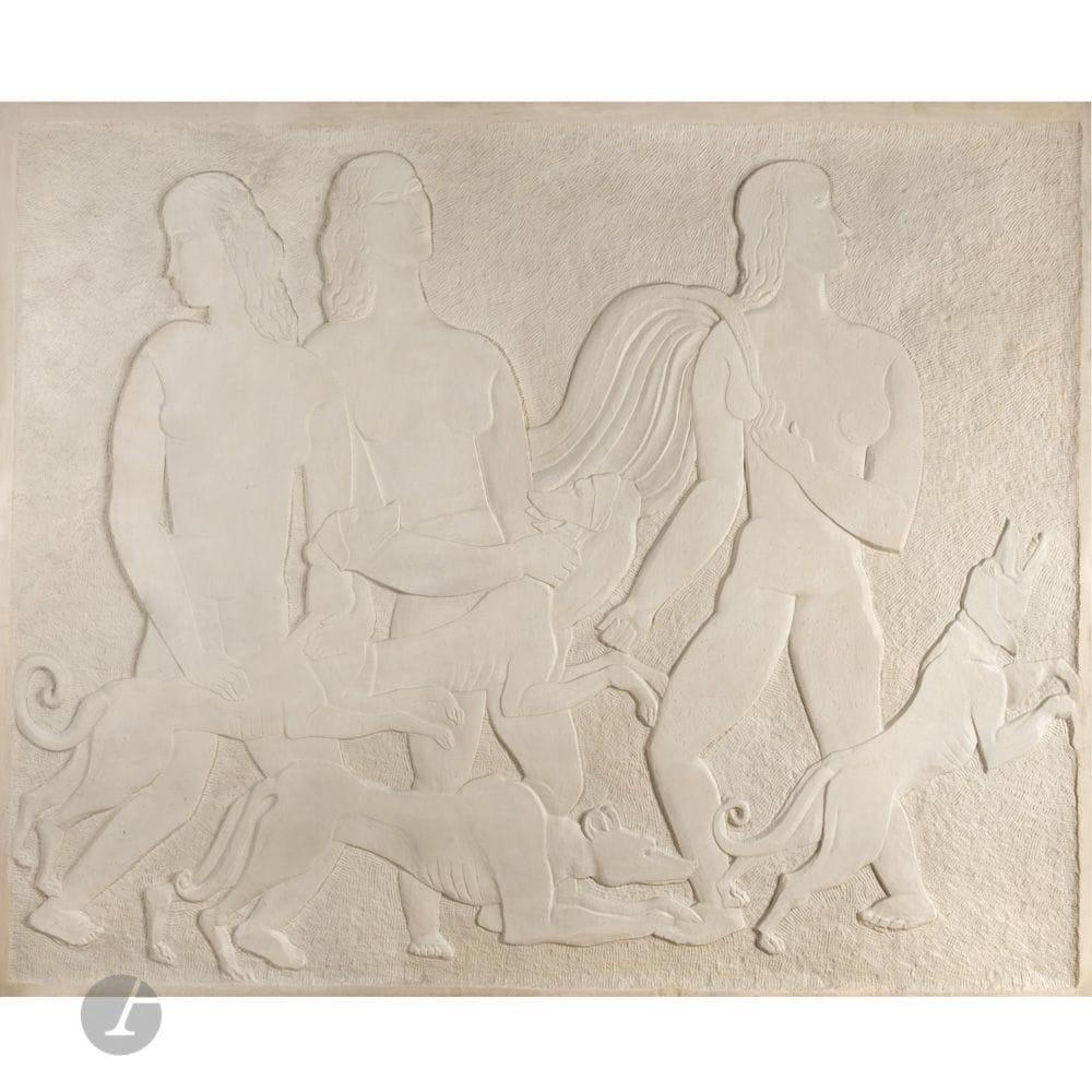 OSSIP ZADKINE (1888-1967)
Femmes et chiens, 1927 
Bas-relief.
Pierre sculptée.
Non signé.
Hauteur: 185cm – Longueur: 225cm
Une fracture en haut à gauche, petits éclats épars, peint postérieurement.

Provenance et historique:
En 1923, Lucie Mayen fit appel à l’architecte Charles Adda (1873-1938) pour ériger un hôtel particulier de style néo-classique au 15 rue Louis David dans le 16e arrondissement de Paris. 
Pour assurer la décoration de cet hôtel particulier, Mme Mayen firent appel à André Groult (1884-1966); figure majeure et pionnière des arts décoratifs des années 1910 et 1920 – c’est à lui que nous devons l’un des meubles les plus célèbres de la période, soit le cabinet anthropomorphe entièrement gainé de galuchat présenté à l’Exposition des Arts Décoratifs et Industriels Modernes organisée en 1925 à Paris et aujourd’hui conservé au MAD (Musée des Arts Décoratifs). Ce chantier de décoration fut réalisé entre 1927 et 1928.
Quelques années auparavant, vers 1924, Lucie Mayen avait fait l’acquisition d’une sculpture emblématique d’Ossip Zadkine (1888-1967) pour sa propriété de Roquebrune-Cap-Martin: L’Oiseau d’or en bronze doré.
C’est donc tout naturellement que Mme Mayen présenta le sculpteur au décorateur; l’Hôtel Mayen est le fruit de la première collaboration entre les deux hommes – par la suite, Groult demanda à Zadkine d’exécuter le portrait de son épouse et introduisit, à plusieurs reprises, des œuvres du sculpteurs dans ses décorations.
Aussi, en 1927, André Groult commanda à Ossip Zadkine sept œuvres au total pour cette décoration: deux très grands bas-reliefs en pierre Femmes et chiens et Trois cerfset un petit bas-relief en pierre Femme et chien pour la façade – quatre médaillons en albâtre Nature morte au vase de fleurs et à la corbeille de fruits; Nature morte à la mappemonde et aux livres; Nature morte au panier de fruits et à la carafe; Nature morte au vase de fleurs et au violoncelle qui pourraient être qualifiés d’allégoriques.
Parallèlement à cet ensemble de sculptures en bas-relief, le décorateur aurait demandé au sculpteur de réaliser des panneaux de boiserie (trumeaux) pour le 15 rue Louis David ainsi qu’une décoration sculptée en graphite pour l’entrée extérieure donnant sur le jardin- à ce jour, aucun document ne vient confirmer que ces œuvres aient bien été exécutées.
En 1942, l’Hôtel Mayen deviendra le Petit Collège de l’externat Saint-Louis de Gonzague; il sera finalement démoli en 1988 en raison du réaménagement de l’école. En 1990 et 1991, l’établissement céda à la Ville de Paris pour le Musée Zadkine (sur les fonds du legs Valentine Prax) le petit bas-relief en pierre (Femme et chien; inv. MZS 394) et les quatre médaillons en albâtre (Nature morte au vase de fleurs et à la corbeille de fruits; Nature morte à la mappemonde et aux livres; Nature morte au panier de fruits et à la carafe; Nature morte au vase de fleurs et au violoncelle; inv. MZS 384 & MZS 385 & MZS 386 & MZS 387). Ces cinq œuvres ne sont pas visibles aujourd’hui dans cette institution. 
C’est à cette période que furent réintroduits les très deux grands bas-reliefs (Femmes et chiens et Trois cerfs) au sein même du nouvel établissement construit sur l’emplacement de l’ancien Hôtel Mayen. Ils furent intégrés dans l’espace d’accueil sur des murs non porteurs; l’un à droite, l’autre à gauche.
C’est à cet emplacement que se trouvaient, il y encore eu de temps, ces deux œuvres magistrales d’Ossip Zadkine avant d’être présentées sous le feu des enchères.

Collection publique et œuvre en rapport: 
Musée Zadkine, Paris – L’un des trois bas-reliefs créés par Zadkine pour la façade de l’hôtel particulier de M. et Mme Mayen, intitulé Femme et chien, est conservé dans les collections de cette institution sous le numéro d’inventaire MZS 394.
Cette œuvre est actuellement présentée dans le cadre de l’exposition Zadkine Art déco, organisée au sein de cette institution du 15 novembre 2025 au 12 avril 2026.

Bibliographie:
- Ionel Jianou – Zadkine – Arted, Éditions d’Art, Paris, 1979. Notre œuvre référencée sous le numéro 159 du catalogue, page 70. 
- Sylvain Lecombre – Ossip Zadkine; l’œuvre sculpté – Éditions Paris Musées, Paris, 1994. Notre œuvre référencée sous le numéro 181 du catalogue et reproduite page 232.

Littérature en rapport:
Félix Marcilhac – André Groult; décorateur-ensemblier du XXe siècle – Les Éditions de l’Amateur, Paris, 1997. L’auteur décrit, pages 195 et 196, la collaboration entre Ossip Zadkine et André Groult pour l’hôtel particulier des Mayen.