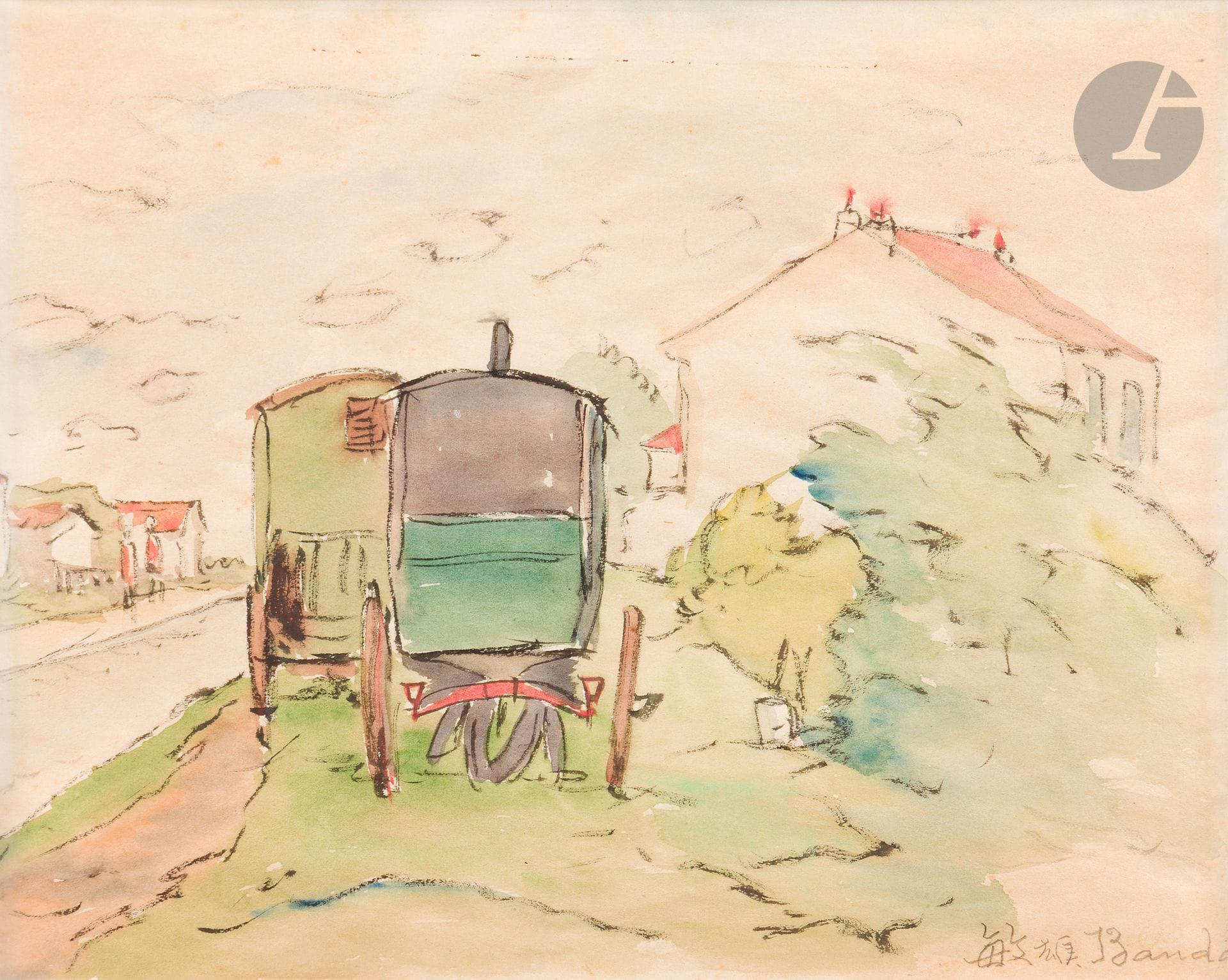 *Toshio BANDO (1895-1973)
Roulottes en bord de route, vers 1926
Aquarelle.
Signée en bas à droite.
(Petites rousseurs).
17 x 22 cm

Provenance :
Collection Monsieur X., Japon.

Ce lot est présenté en importation temporaire.